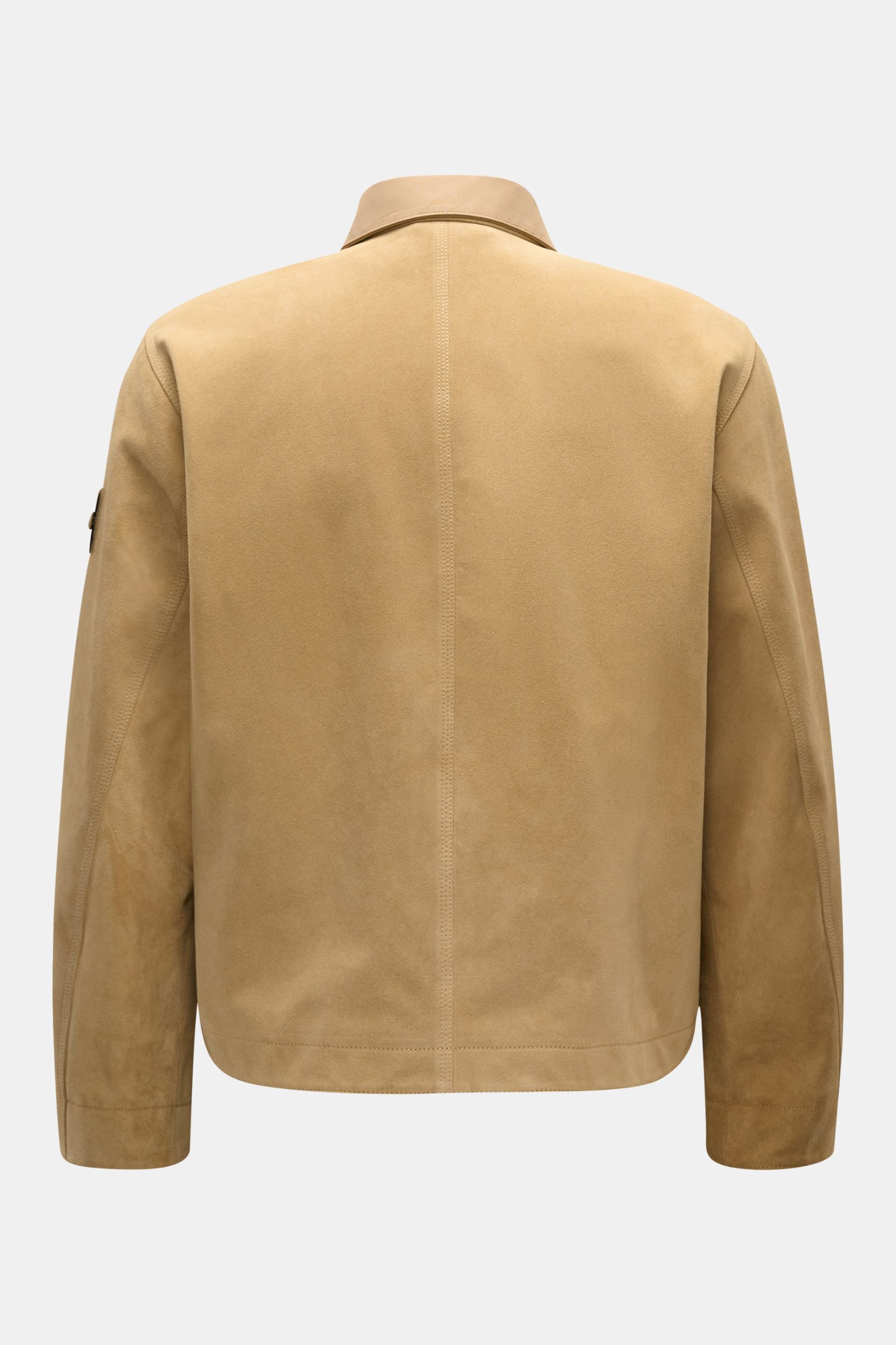 Stone Island Suede jacket 'Ghost Piece' light brown shown from the back, featuring supple split cowhide and a turn-down collar. Casual statement piece with authentic leather craftsmanship: The suede jacket 'Split Leather S.I. Ghost' from the Ghost Capsule