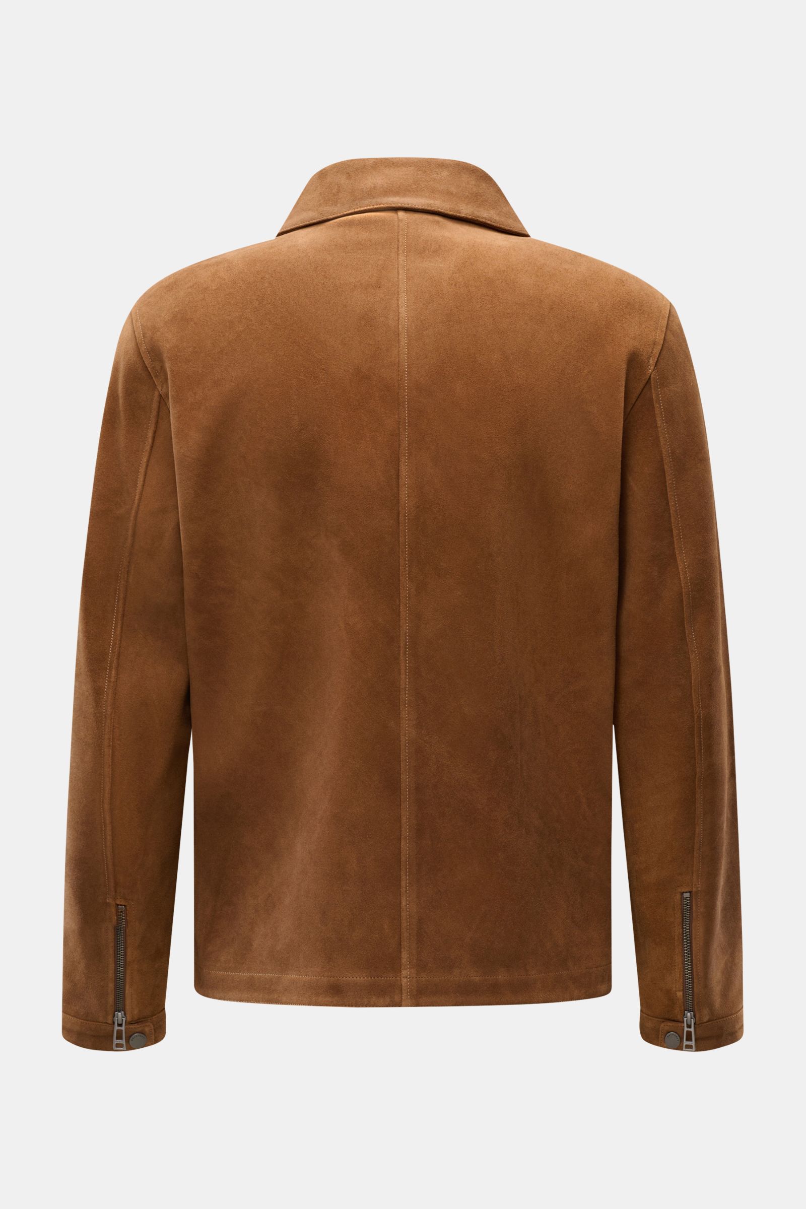 Rear view of Belstaff Suede jacket 'Outland' brown, an urban classic for spring with supple suede, slim fit, storm flap, zip cuffs, and unconstructed design.