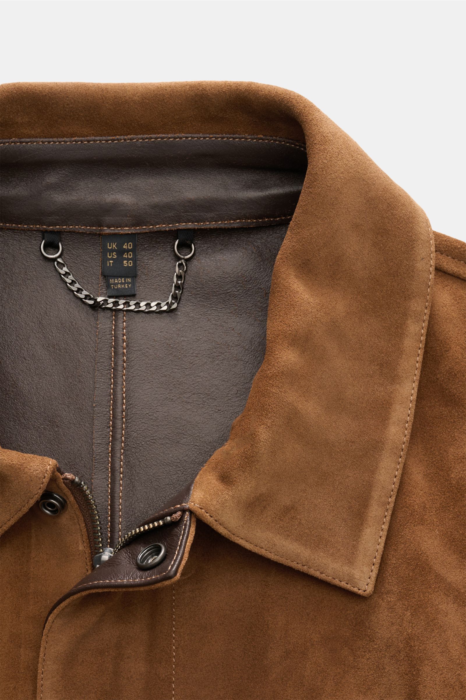 Close-up front view of Belstaff Suede jacket 'Outland' brown showcasing supple suede, soft feel, slim fit, robust zip, and turn-down collar.