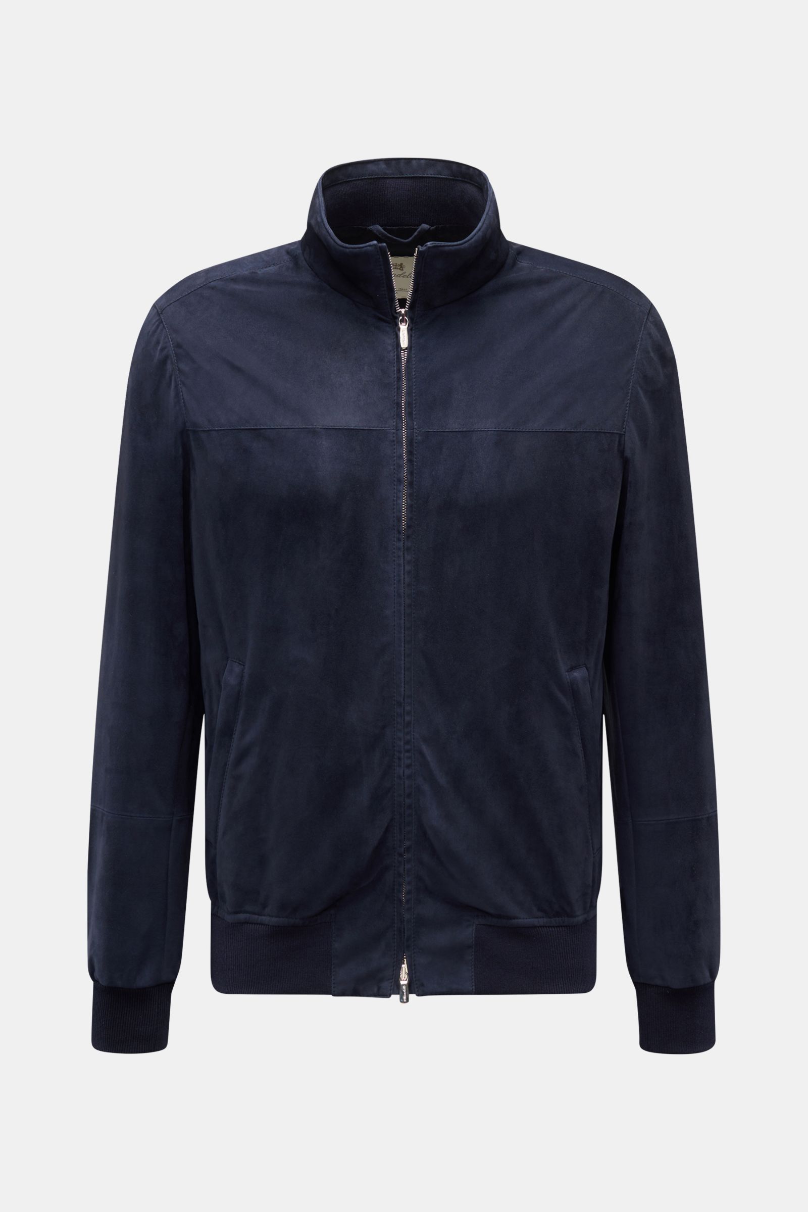 Mandelli Veloursleder-Blouson navy in Slim Fit, aus softem Ziegen-Veloursleder, Frontansicht mit Stehkragen, Zwei-Wege-Reißverschluss, Leistentaschen, elastischen Bündchen.