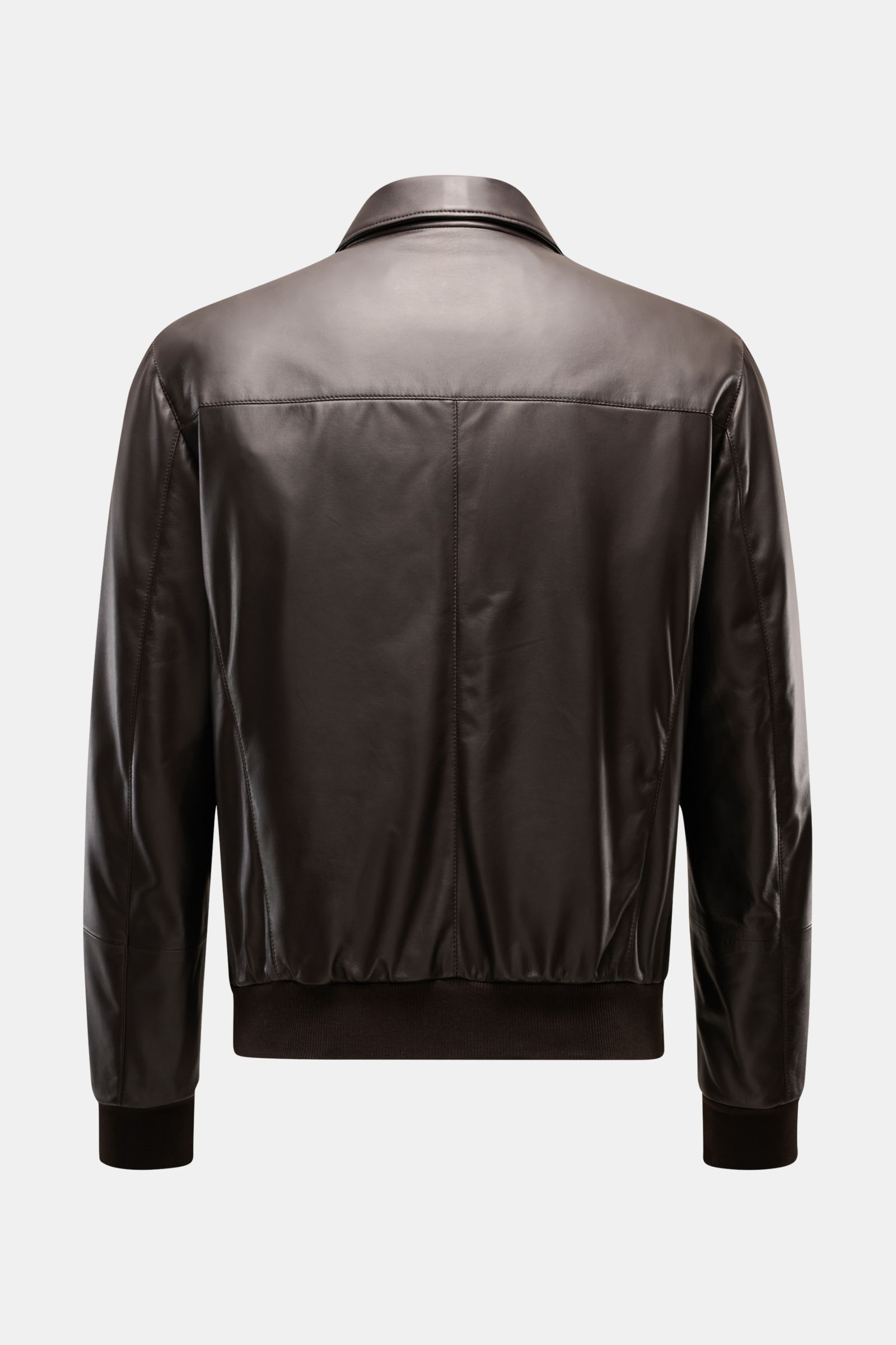 Mandelli Lederblouson dunkelbraun aus geschmeidigem Lammleder, Slim Fit, Rückansicht mit Umlegekragen, elastischen Bündchen und glattem Griff.