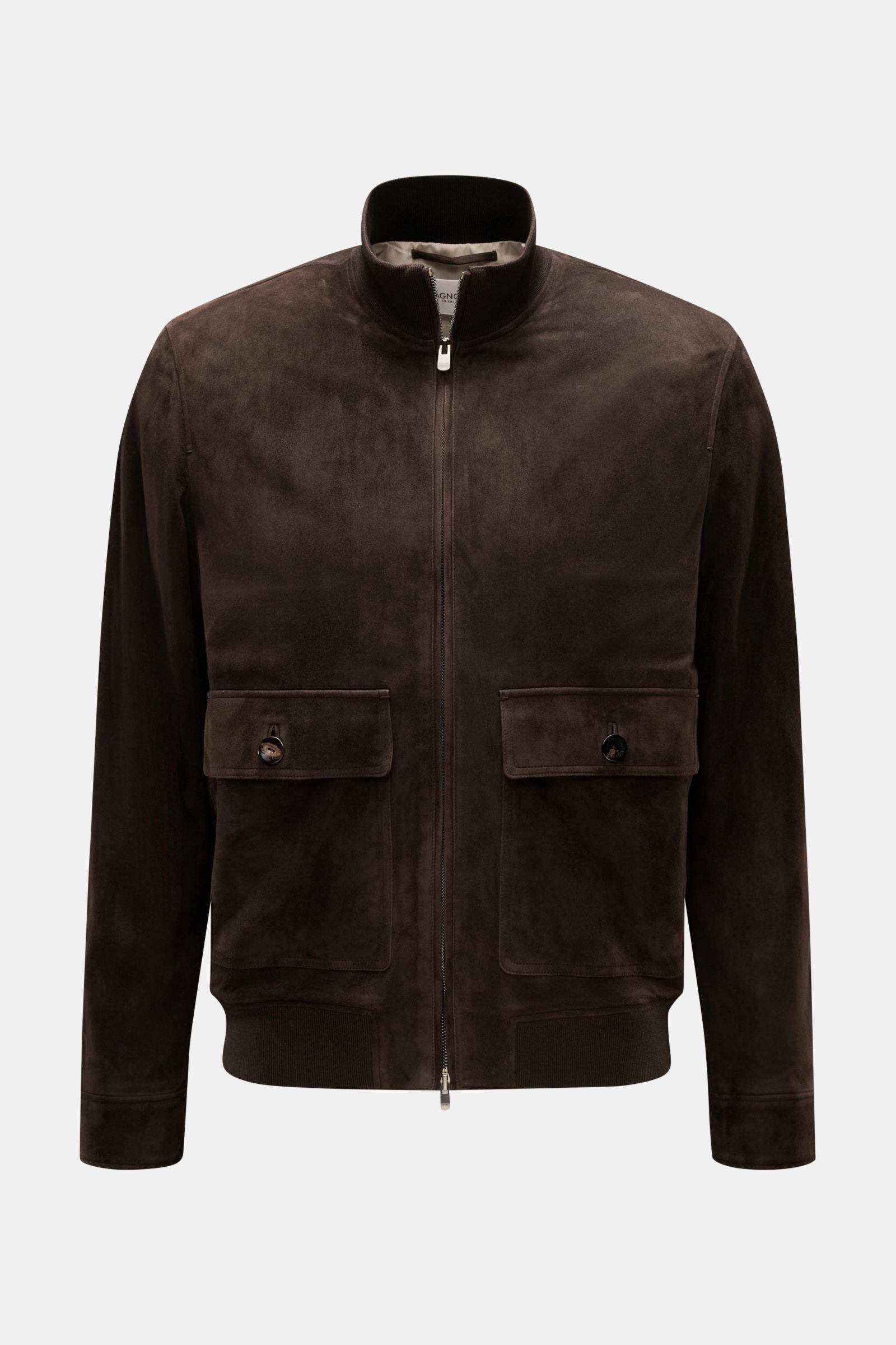 Agnona Suede blouson dark brown shown from the front, featuring premium suede with a smooth touch, slim fit, high-closing standing collar, concealed two-way zip, patch front pockets with buttoned flaps, elasticated ribbed cotton-silk bands at hem and cuff