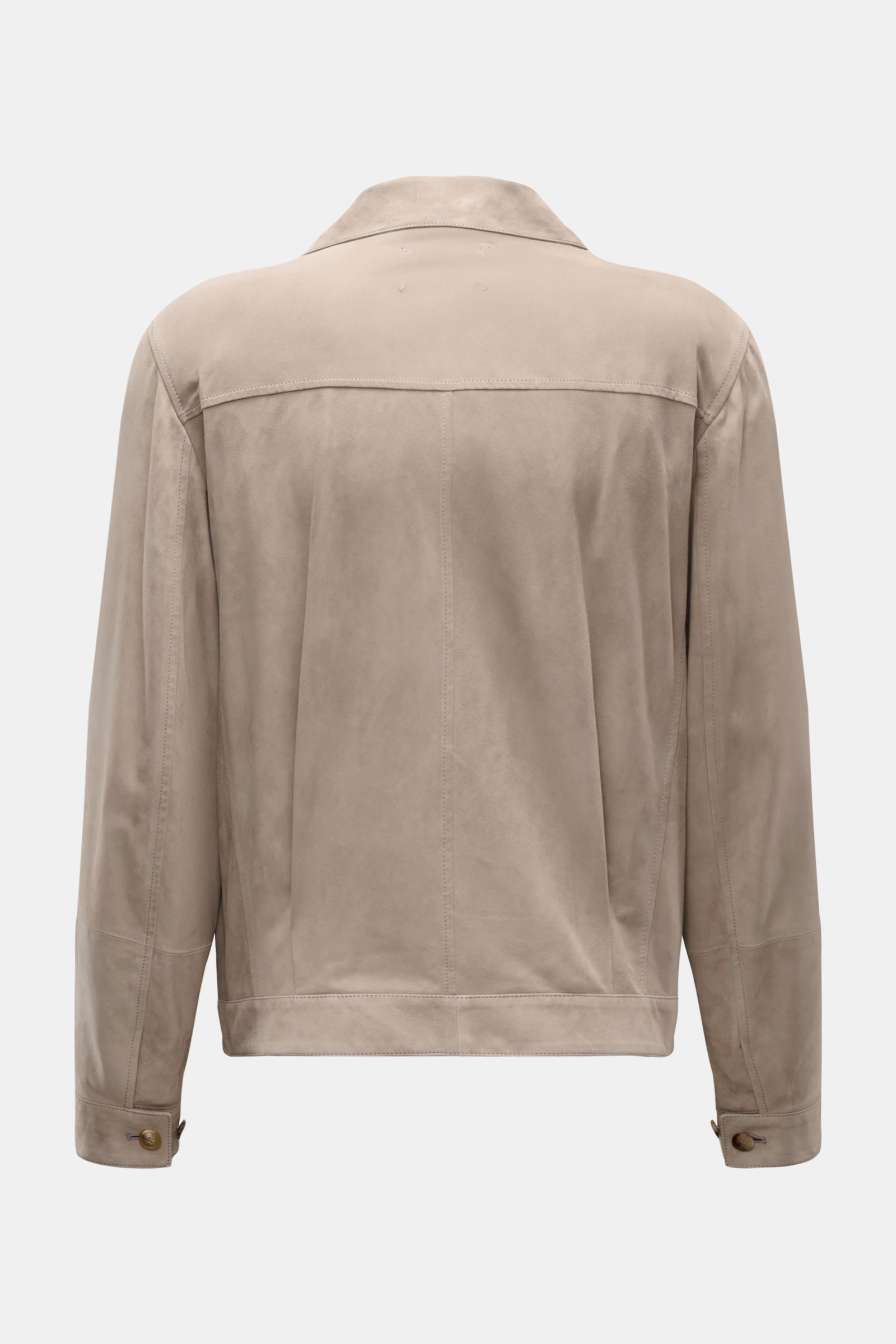 Brunello Cucinelli Velourslederjacke beige von hinten, Slim Fit, samtiges Veloursleder, kurzer Reverskragen, fünf-Knopf-Leiste, ungefüttert, weicher Griff.