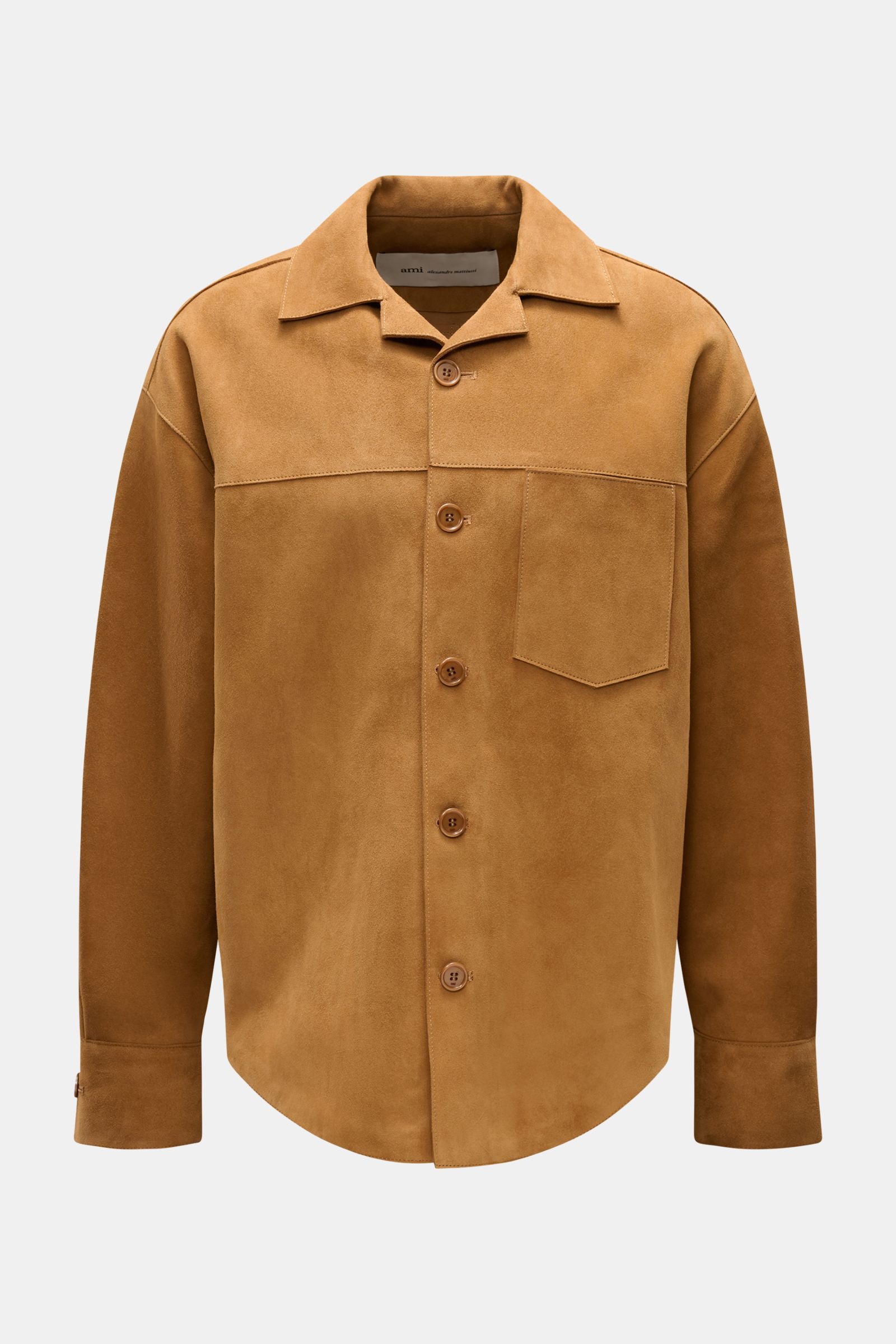 Front view of Ami Paris Veloursleder-Overshirt camel in soft veloursleder, featuring a short lapel collar, oversized fit, chest patch pocket, five-button placket, sport cuffs with buttons, and rounded hem. Urban and casual, this statement piece pairs perf