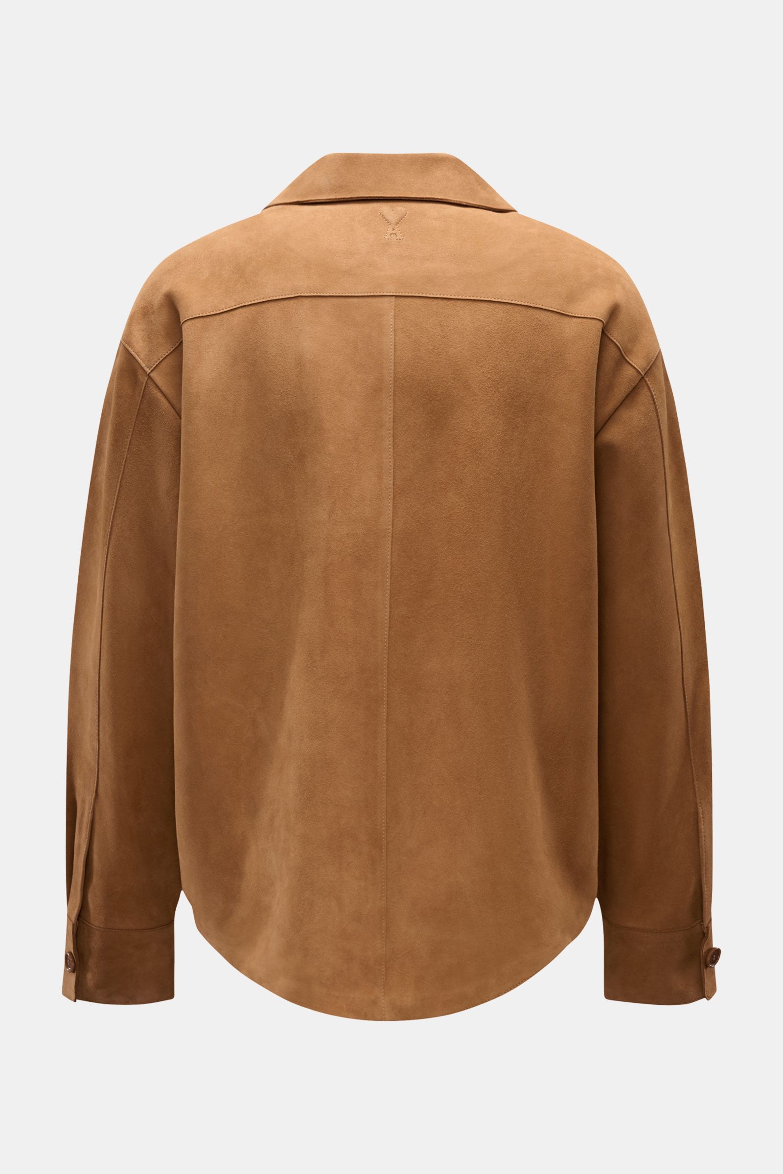 Rear view of Ami Paris Veloursleder-Overshirt camel in soft velour leather, oversized fit with short collar, rounded hem, and buttoned cuffs. Urban und lässig: Dieses Overshirt aus edlem Veloursleder von AMI PARIS ist ein Hingucker und lässt sich perfekt 