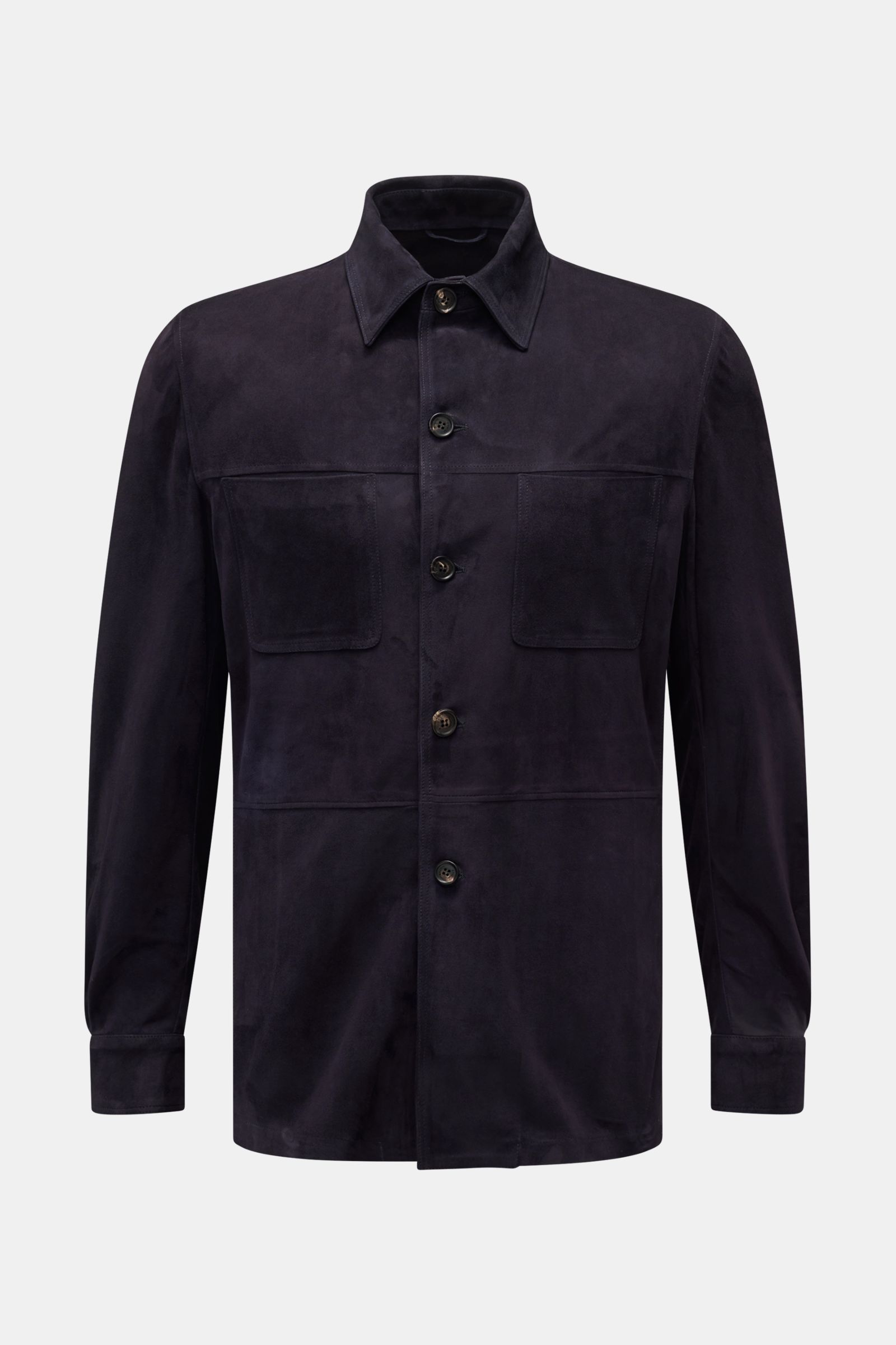 Frontansicht der Rifugio Velourslederjacke schwarz aus geschmeidigem Veloursleder mit Slim Fit, Fünf-Knopf-Leiste, Umlegekragen und Taschen.