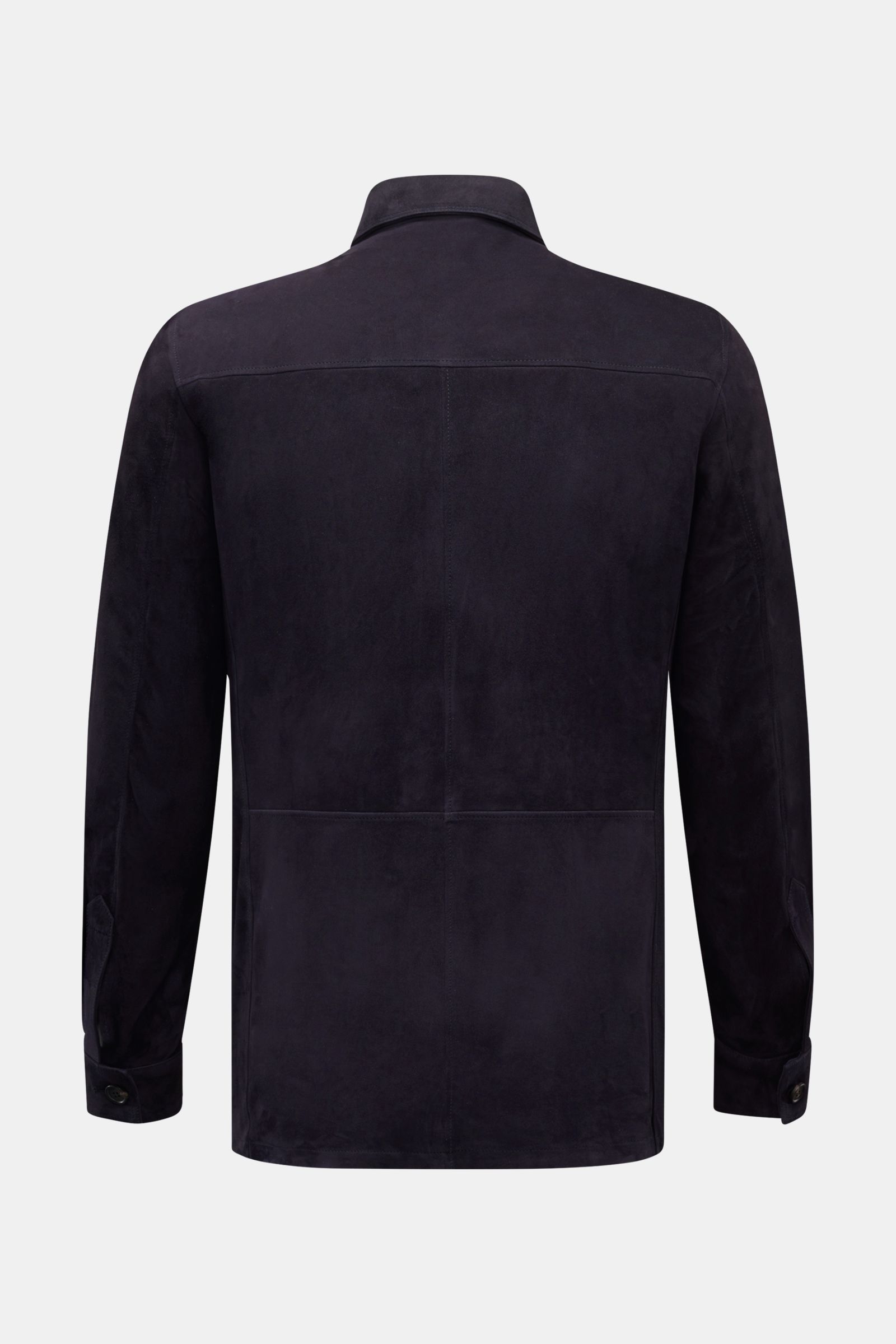 Rückansicht der Rifugio Velourslederjacke schwarz aus geschmeidigem Veloursleder mit Slim Fit, Umlegekragen und Manschetten.