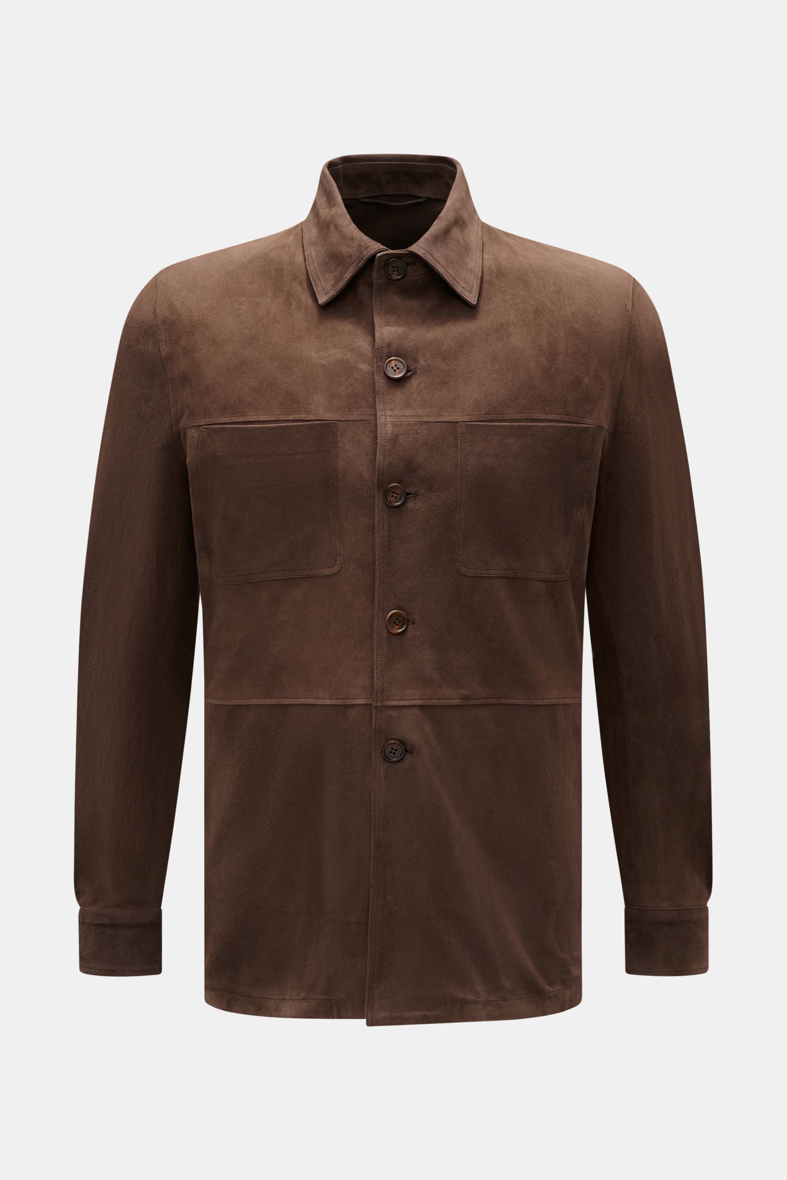 Rifugio Suede jacket dark brown shown from the front, featuring supple suede, soft feel, slim fit, five-button placket, turn-down collar, patch breast pockets, side seam pockets, cuffed sleeves, and an unconstructed design. A statement in the finest leath