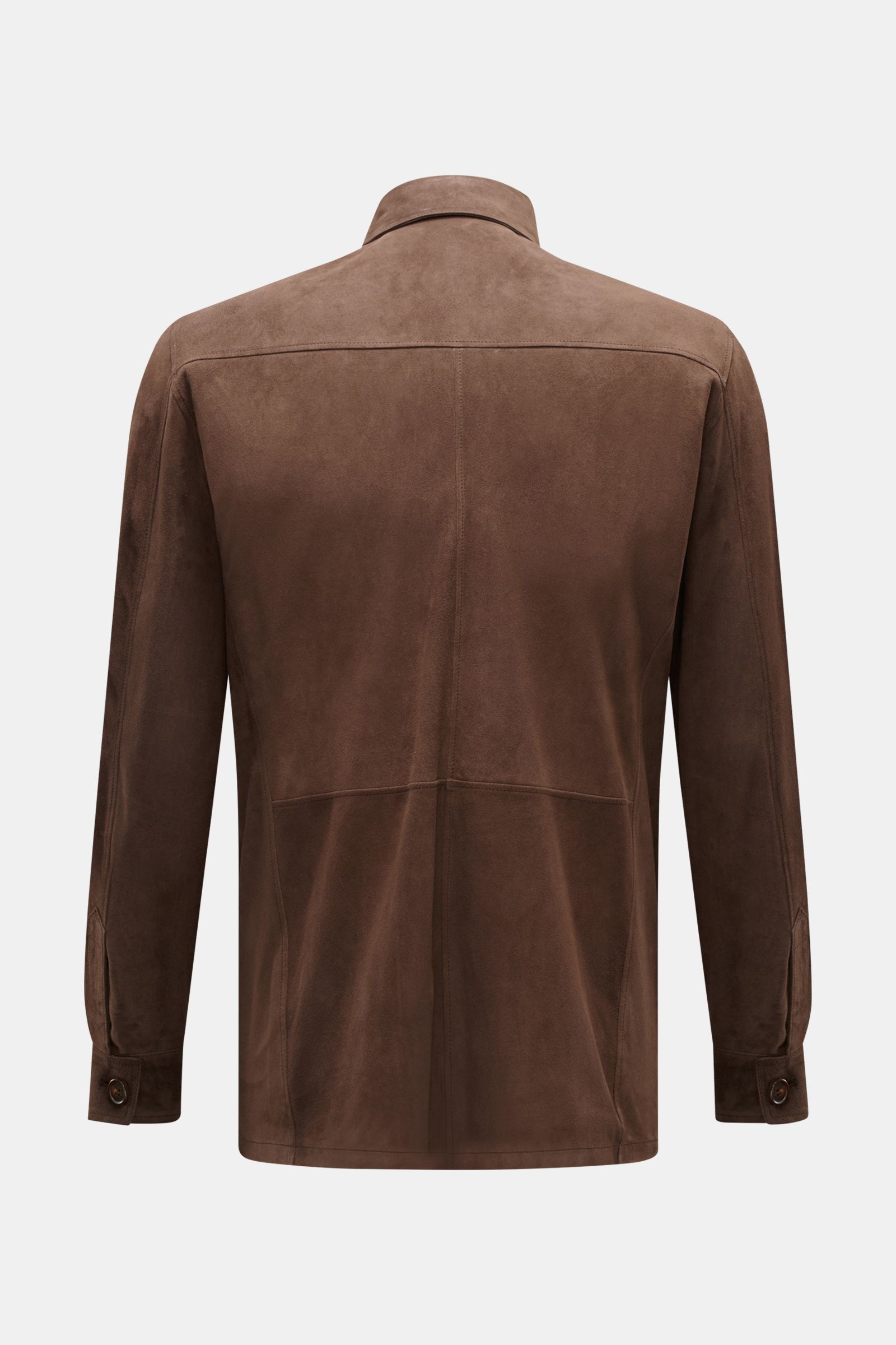 Back view of Rifugio Suede jacket dark brown, showcasing supple suede, soft feel, slim fit, turn-down collar, sleeves with cuffs, and unconstructed design.