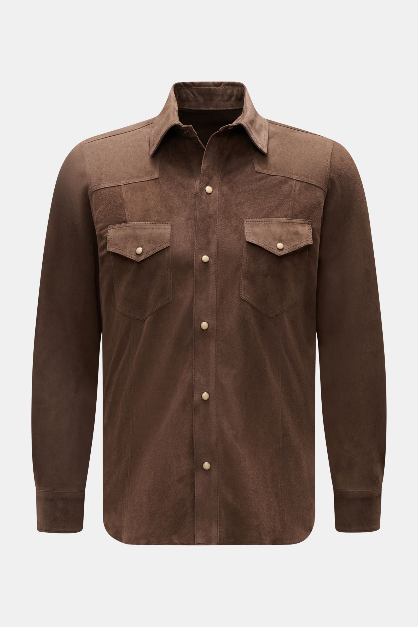Rifugio Velourslederjacke dunkelbraun, frontale Ansicht, Slim Fit, Umlegekragen, sechs Druckknöpfe, zwei Brusttaschen, weiches Lammvelours.