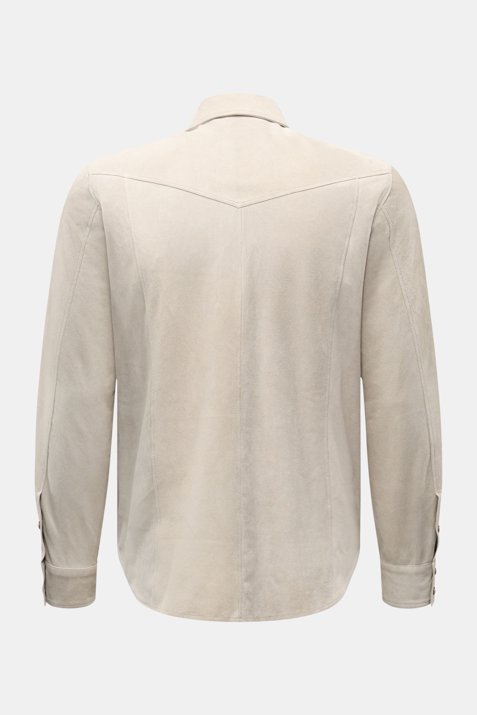 Rückansicht der Rifugio Velourslederjacke hellgrau aus geschmeidigem Lammvelours, Slim Fit, mit Umlegekragen und Manschetten.