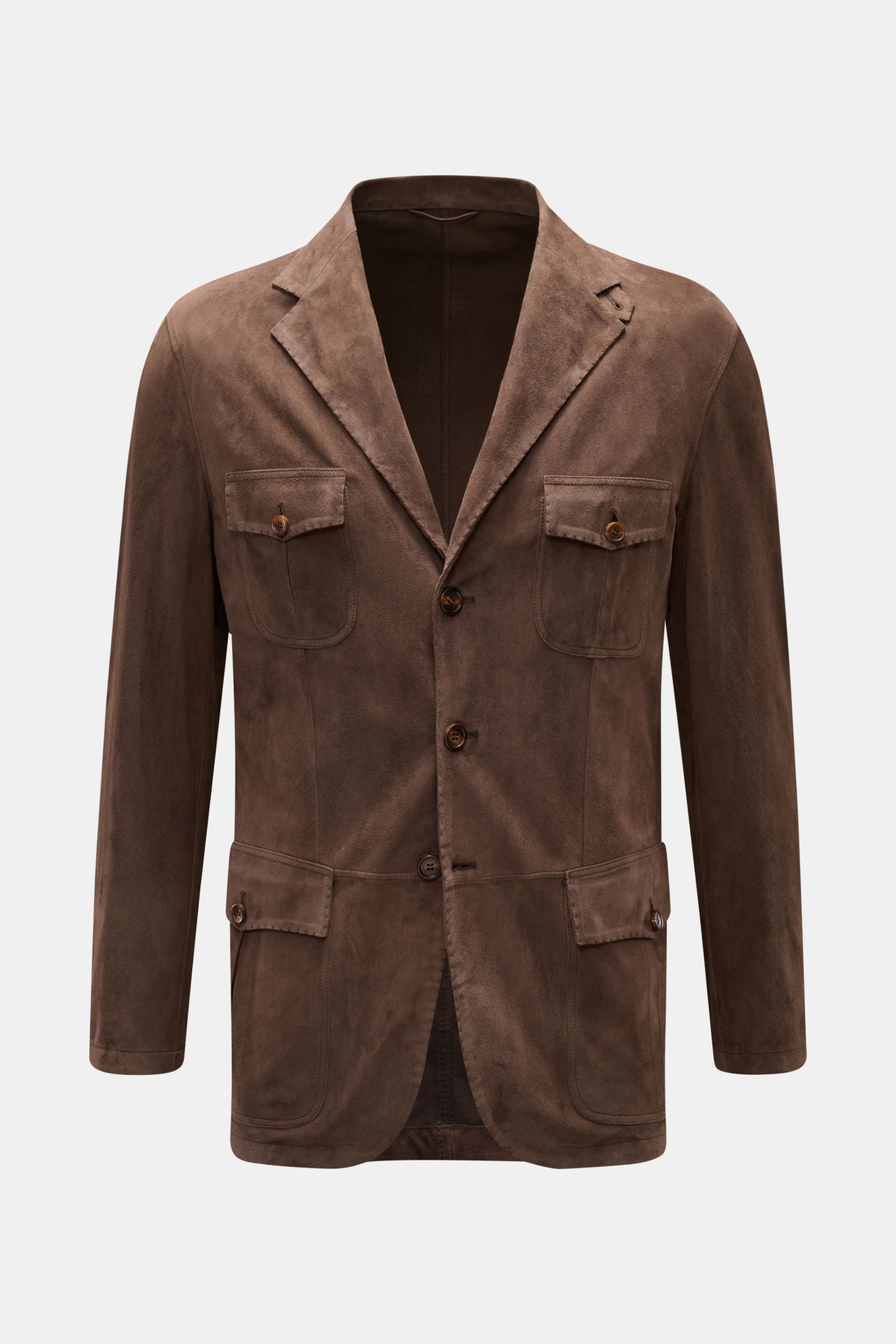 Rifugio Suede jacket dark brown shown from the front, featuring supple suede, slim fit, step lapel with tab, three-button style, four front pockets, button cuffs, unconstructed design, and two inside pockets. The luxurious reinterpretation of a classic co