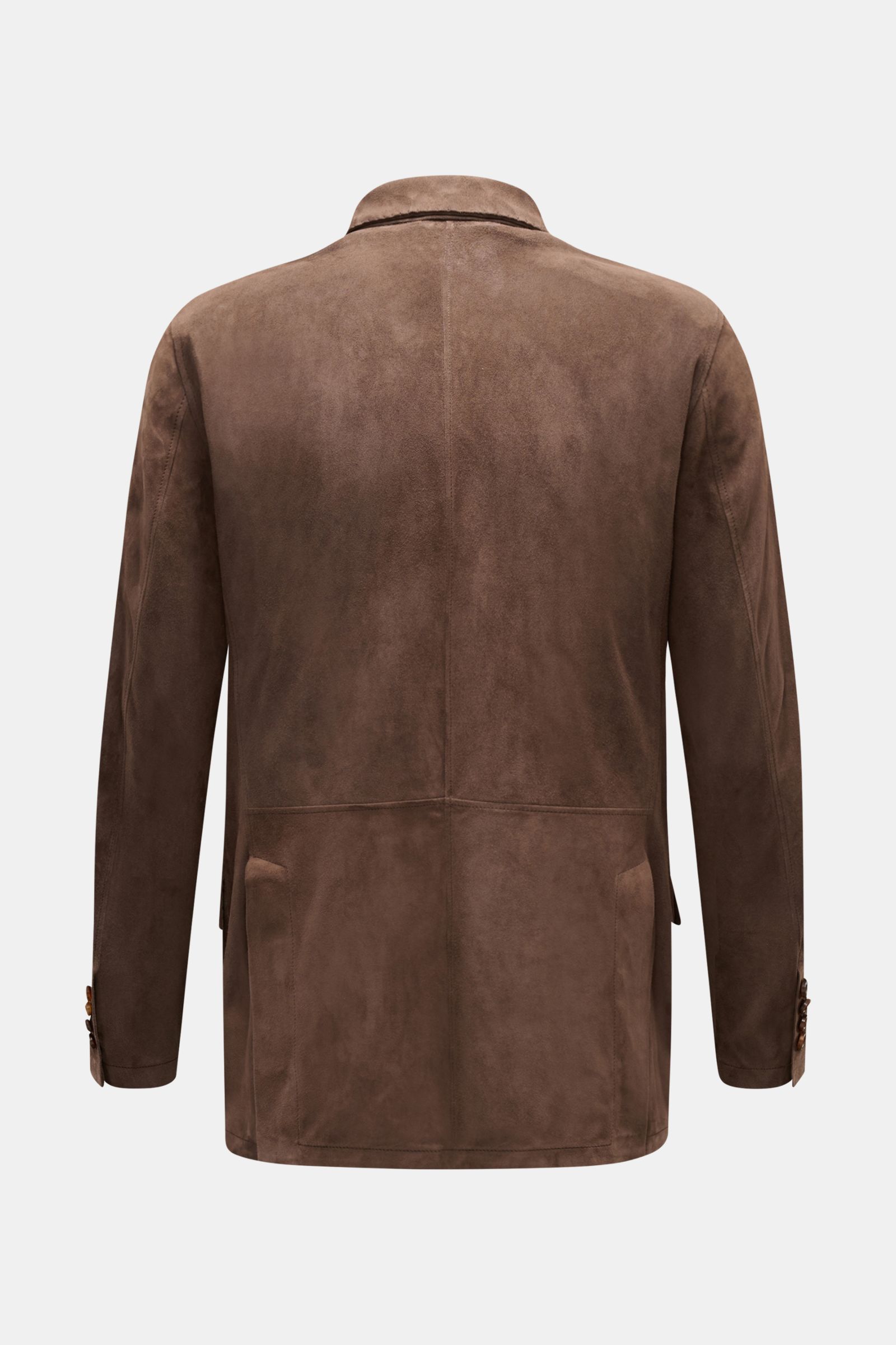 Rear view of the Rifugio Suede jacket dark brown, showcasing supple suede, slim fit, step lapel, four front and two inside pockets, soft feel, and unconstructed design.