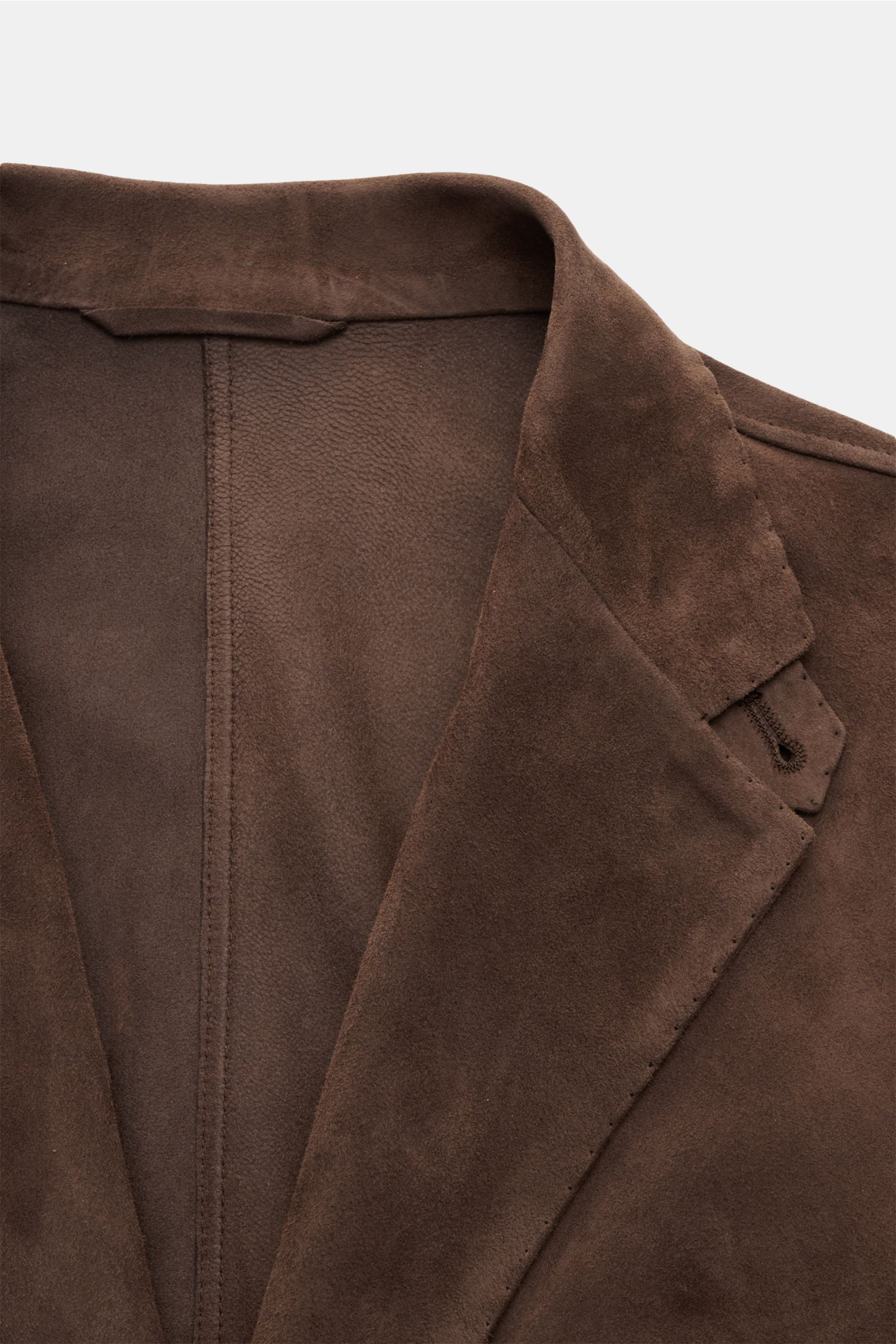 Rifugio Suede jacket dark brown shown close-up from the front, highlighting supple suede, soft feel, step lapel with tab, and fine stitching.