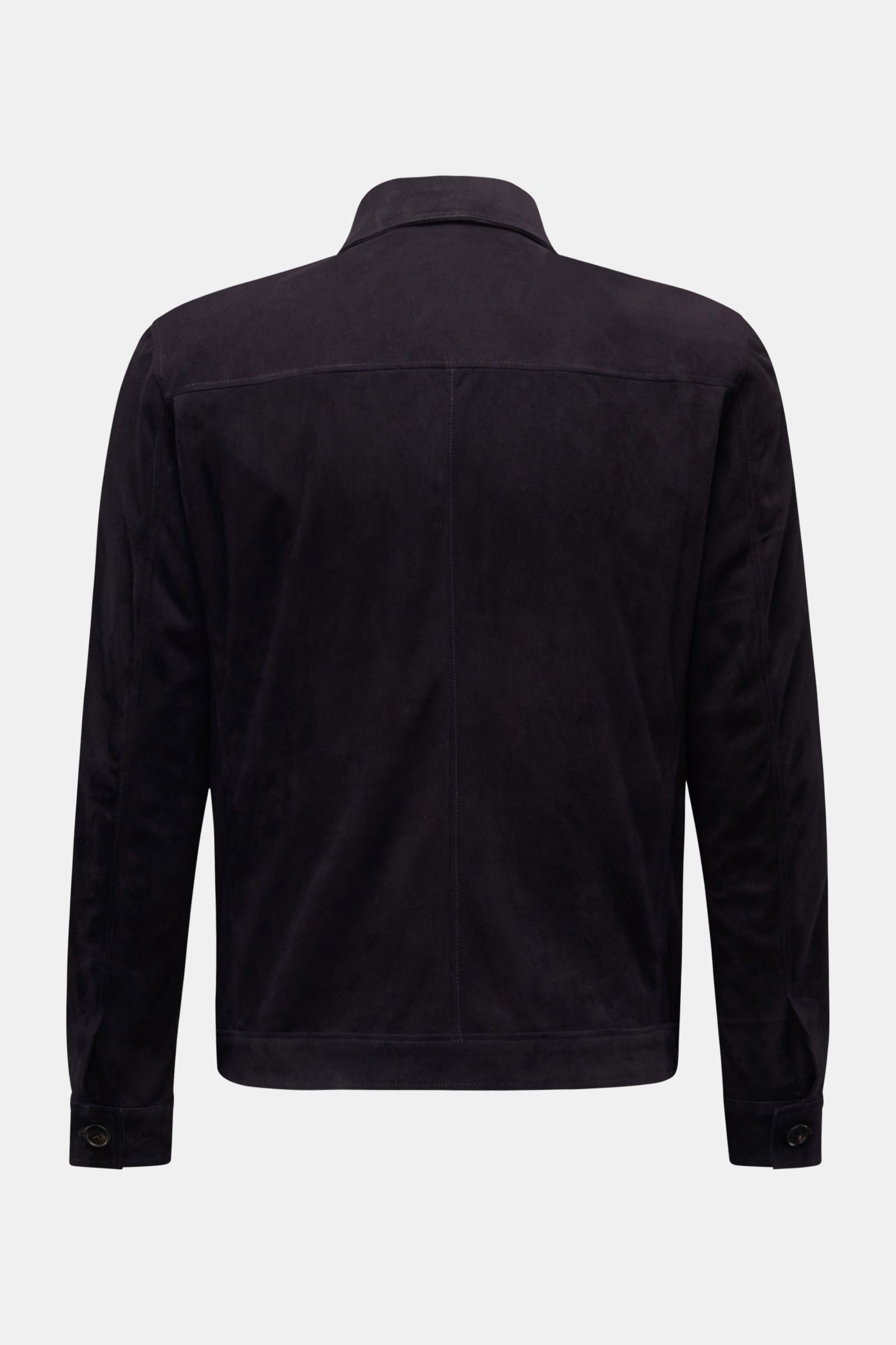 Back view of the Rifugio Suede jacket dark navy showcasing confident elegance and exquisite workmanship in smooth suede with a slim fit, five-button placket, turn-down collar, patch front pockets with flap, sleeves with cuffs, unconstructed design, and tw
