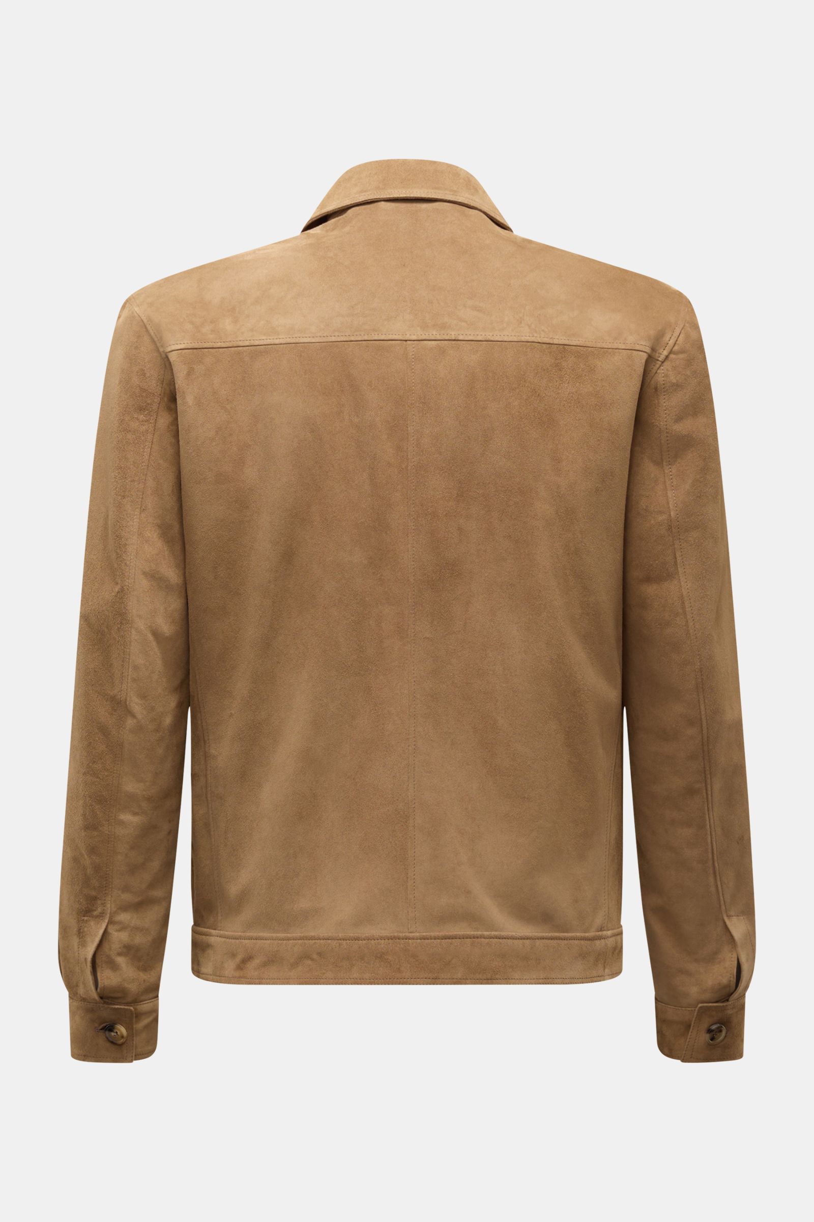 Rückansicht der Rifugio Velourslederjacke hellbraun aus geschmeidigem Veloursleder mit Slim Fit, Umlegekragen und Manschetten.