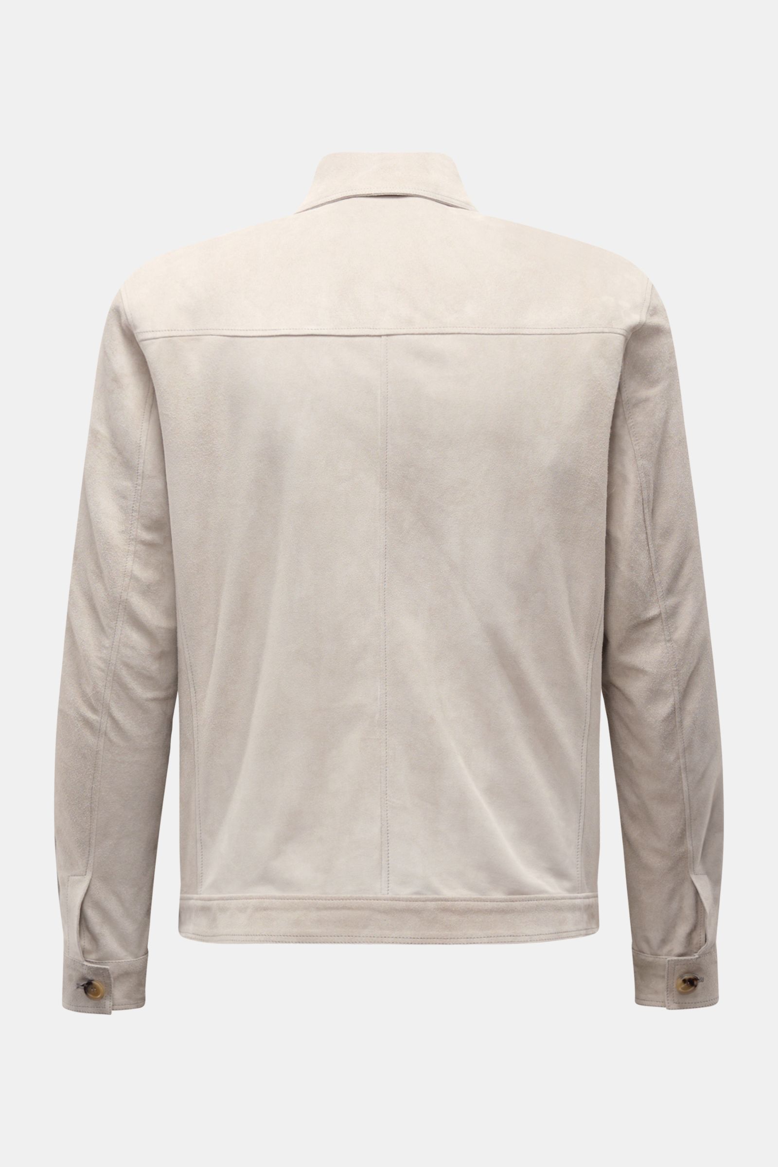 Rear view of the Rifugio Suede jacket light grey showcasing smooth suede, slim fit, turn-down collar, sleeves with cuffs, and unconstructed design. Confident elegance meets exquisite workmanship: This suede jacket by RIFUGIO fascinates in velvety-soft lea