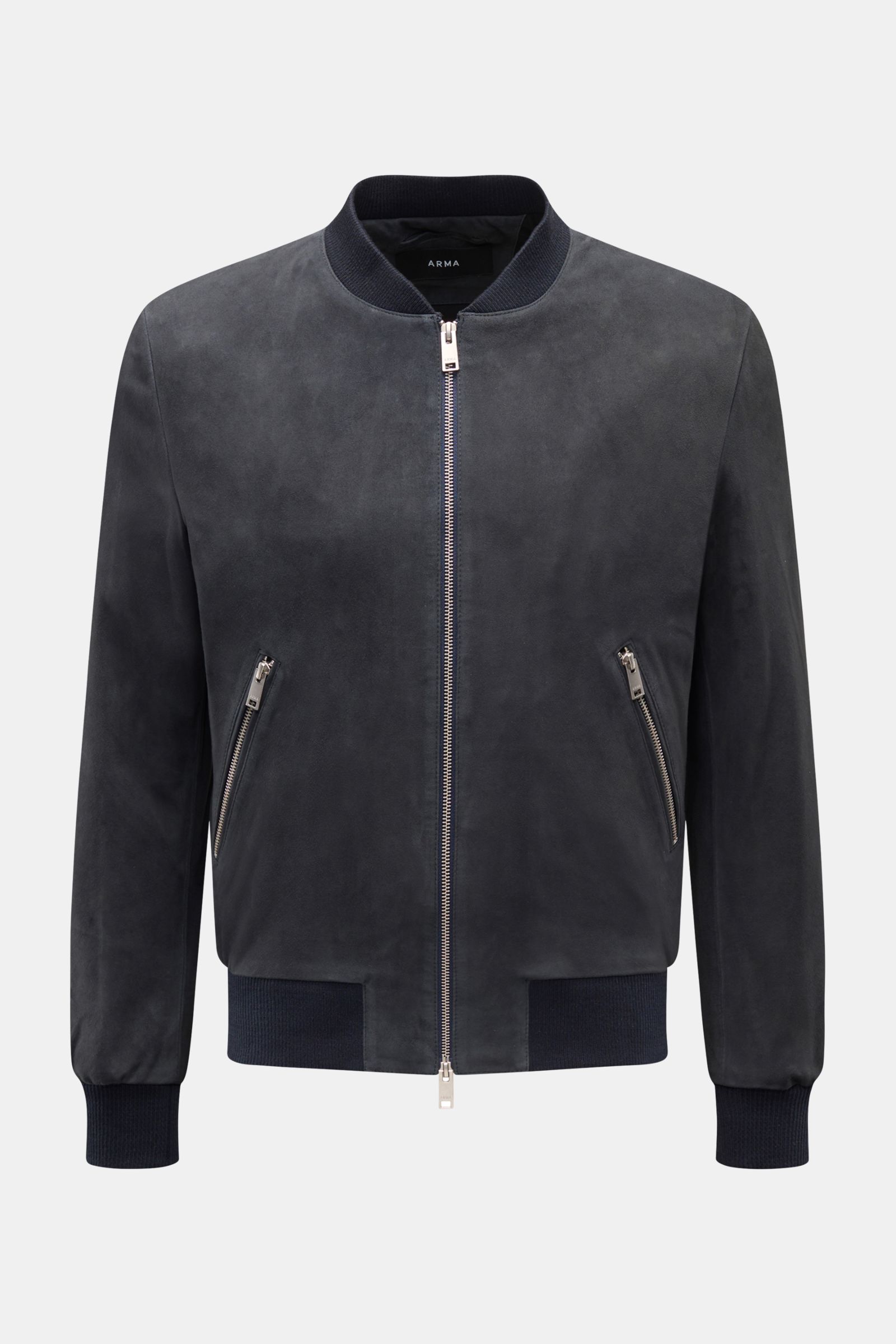 Arma Veloursleder-Blouson 'Didier' dark navy, frontale Ansicht, Slim Fit, feines Ziegenvelours, Blousonkragen, zwei Hüfttaschen, Zwei-Wege-Zipper, elastische Rippbündchen.