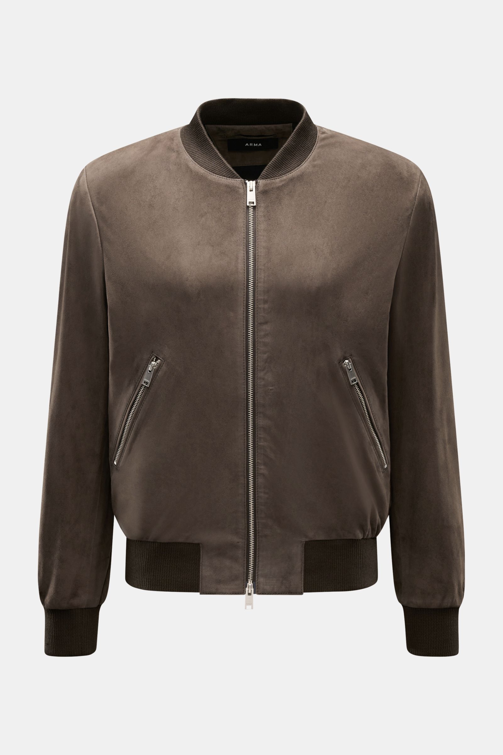 Arma Veloursleder-Blouson 'Didier' dunkelbraun, frontale Nahaufnahme, Slim Fit, feines Ziegenvelours, Blousonkragen, Zwei-Wege-Zipper, elastische Rippbündchen, tonales Innenfutter.