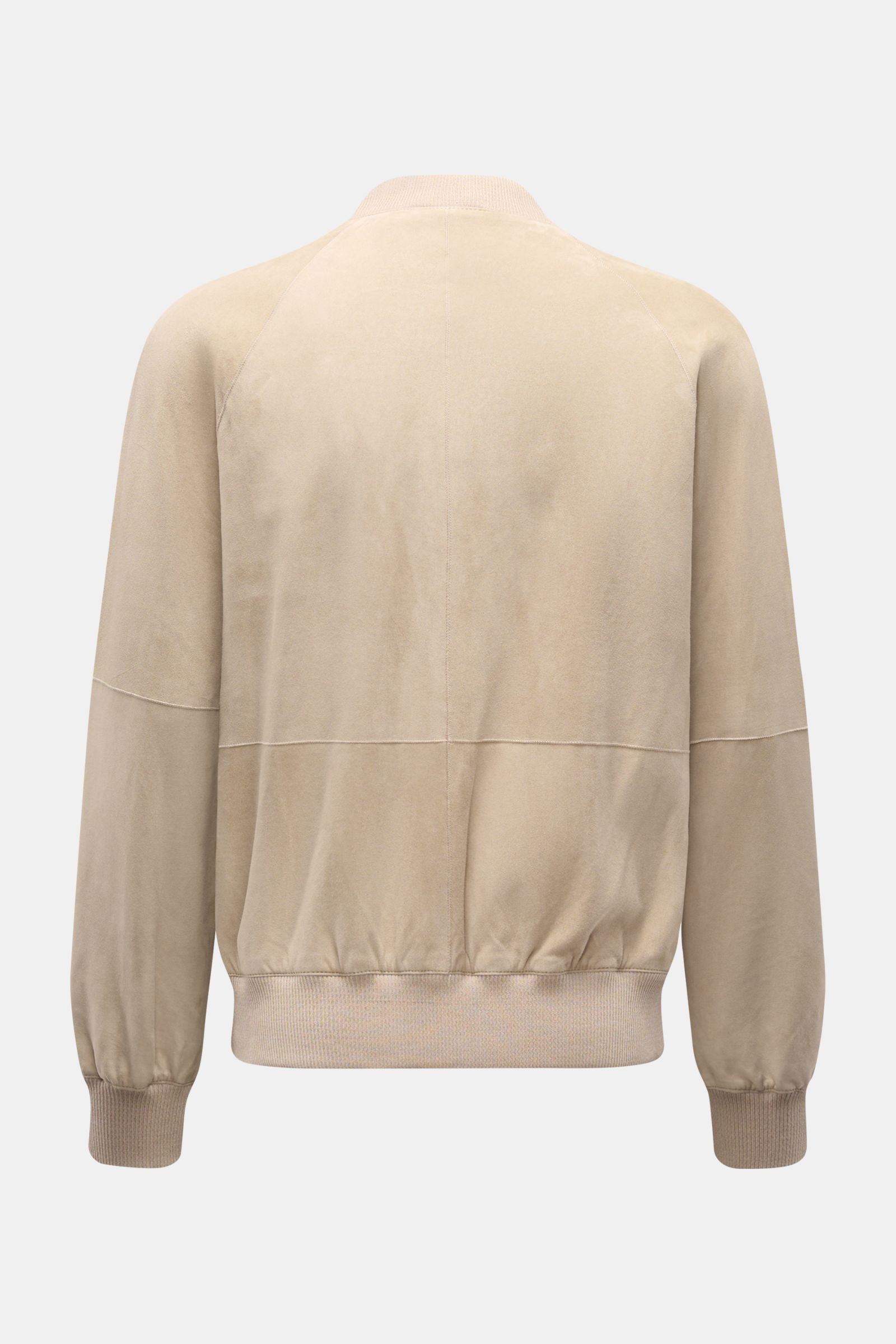 Arma Veloursleder-Blouson 'Dion' beige, Slim Fit, ungefüttert, aus feinem Ziegenvelours, Rückansicht mit elastischen Rippbündchen und Blousonkragen.