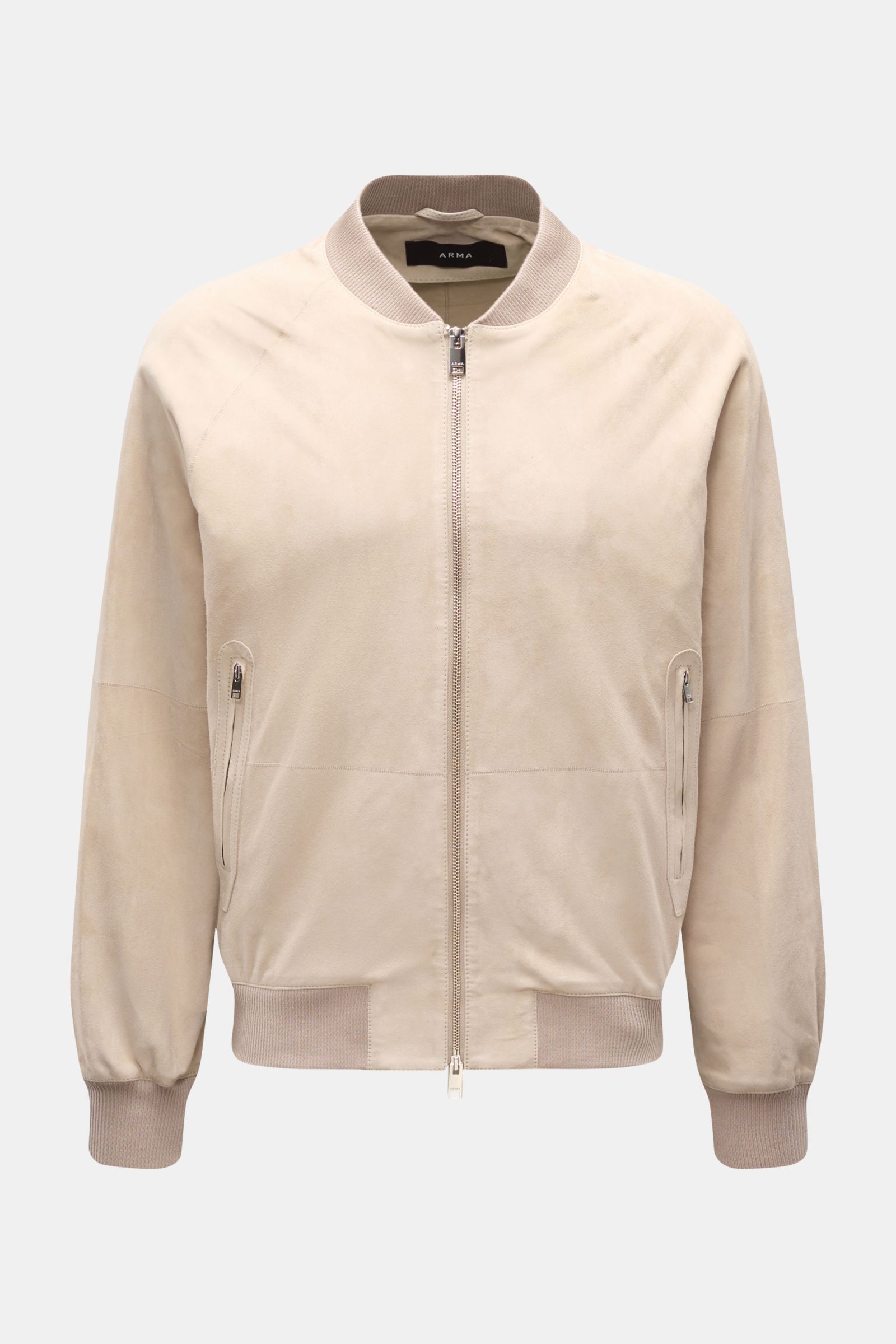 Arma Veloursleder-Blouson 'Dion' sand, Vorderansicht, ungefüttert aus feinem Ziegenvelours mit Blousonkragen, Zwei-Wege-Zipper, Rippbündchen.