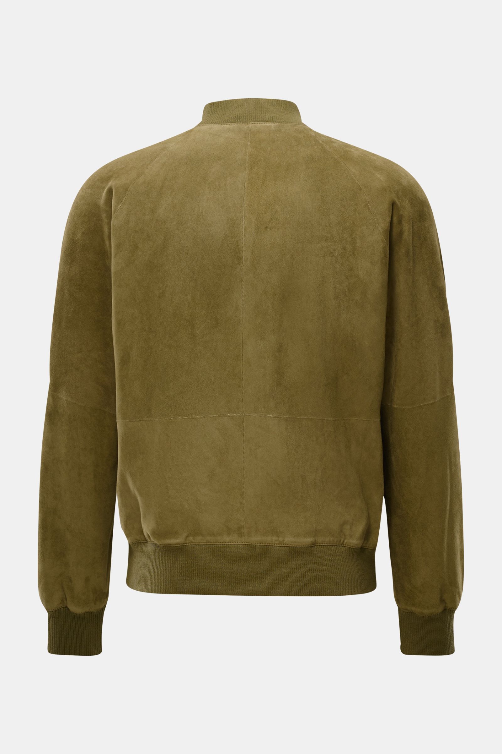 Back view of Arma Veloursleder-Blouson 'Dion' oliv, a slim fit, lightweight suede jacket with ribbed cuffs and hem, unlined and soft goat suede.

Description: Leicht und zeitlos: Der ungefütterte Lederblouson 'Dion' von ARMA ist aus geschmeidigem Ziege