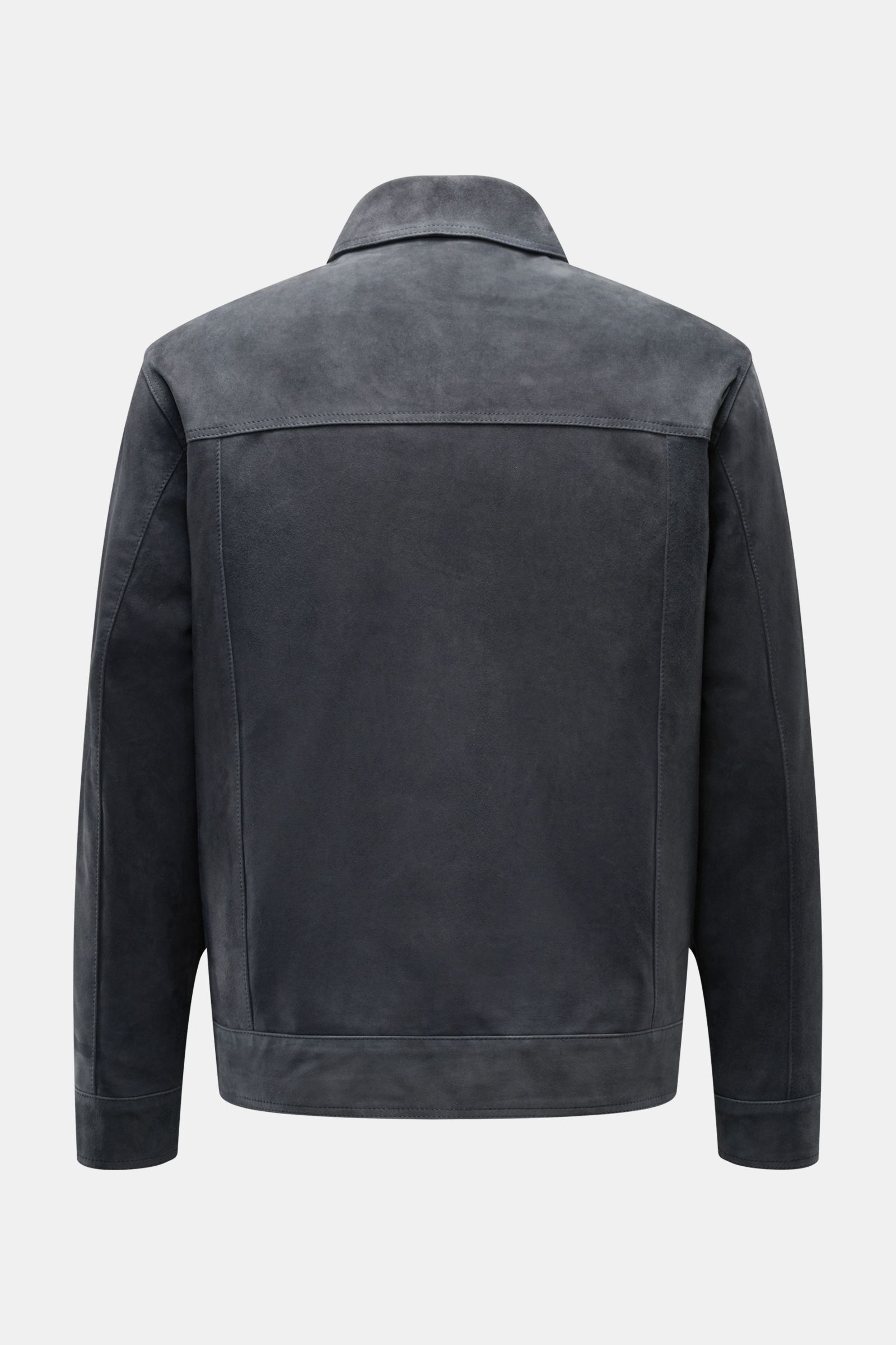 Arma Velourslederjacke 'Kale' anthrazit, Slim Fit, softes Veloursleder, Umlegekragen, Rückansicht, weicher Griff, zwei Innentaschen, Zwei-Wege-Reißverschluss.