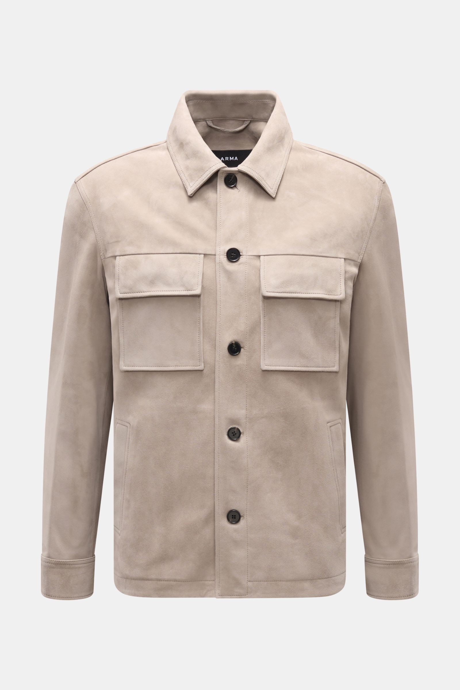 Arma Velourslederjacke 'Mex' hellgrau, frontal fotografiert, Slim Fit, softes Veloursleder, Umlegekragen, fünf Knöpfe, vier Taschen, Knopfärmel, zwei Innentaschen.