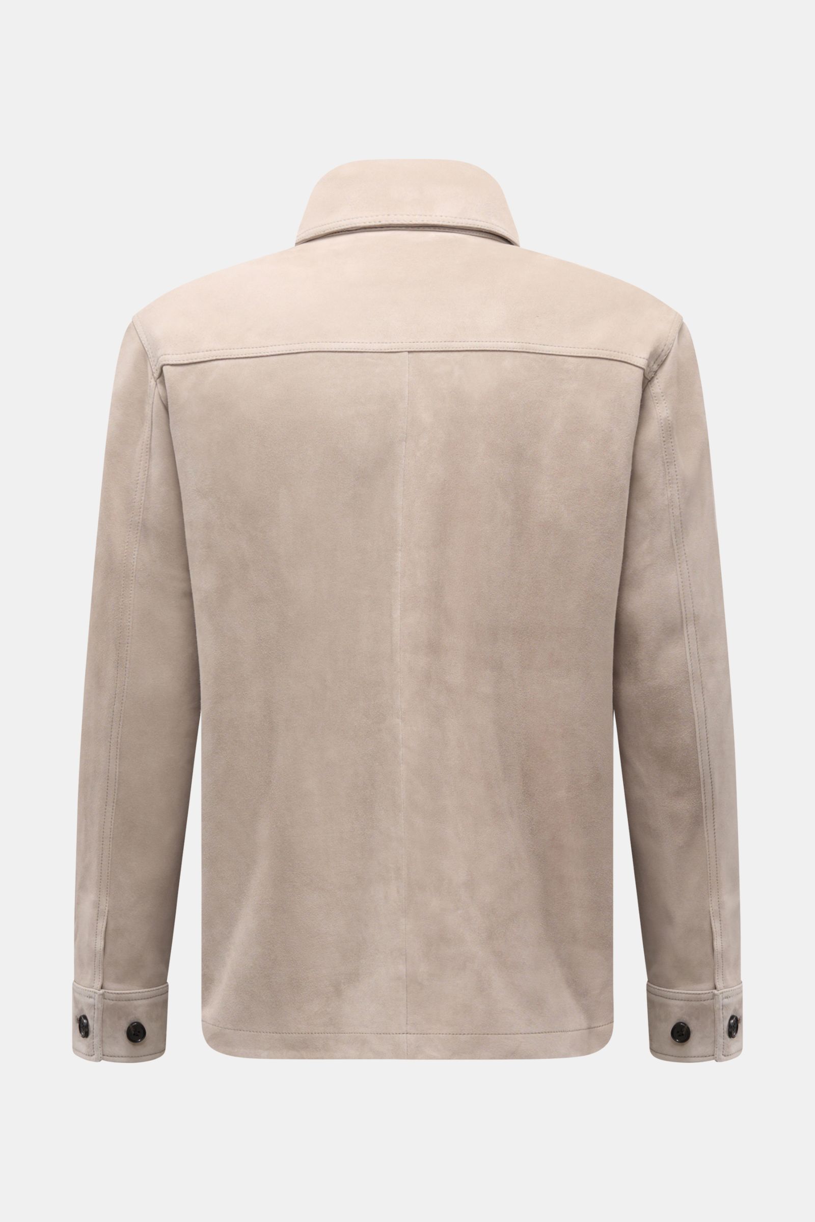 Rückansicht der Arma Velourslederjacke 'Mex' hellgrau aus softem Veloursleder mit Umlegekragen, Slim Fit, Ärmelknöpfen und glattem Futter.