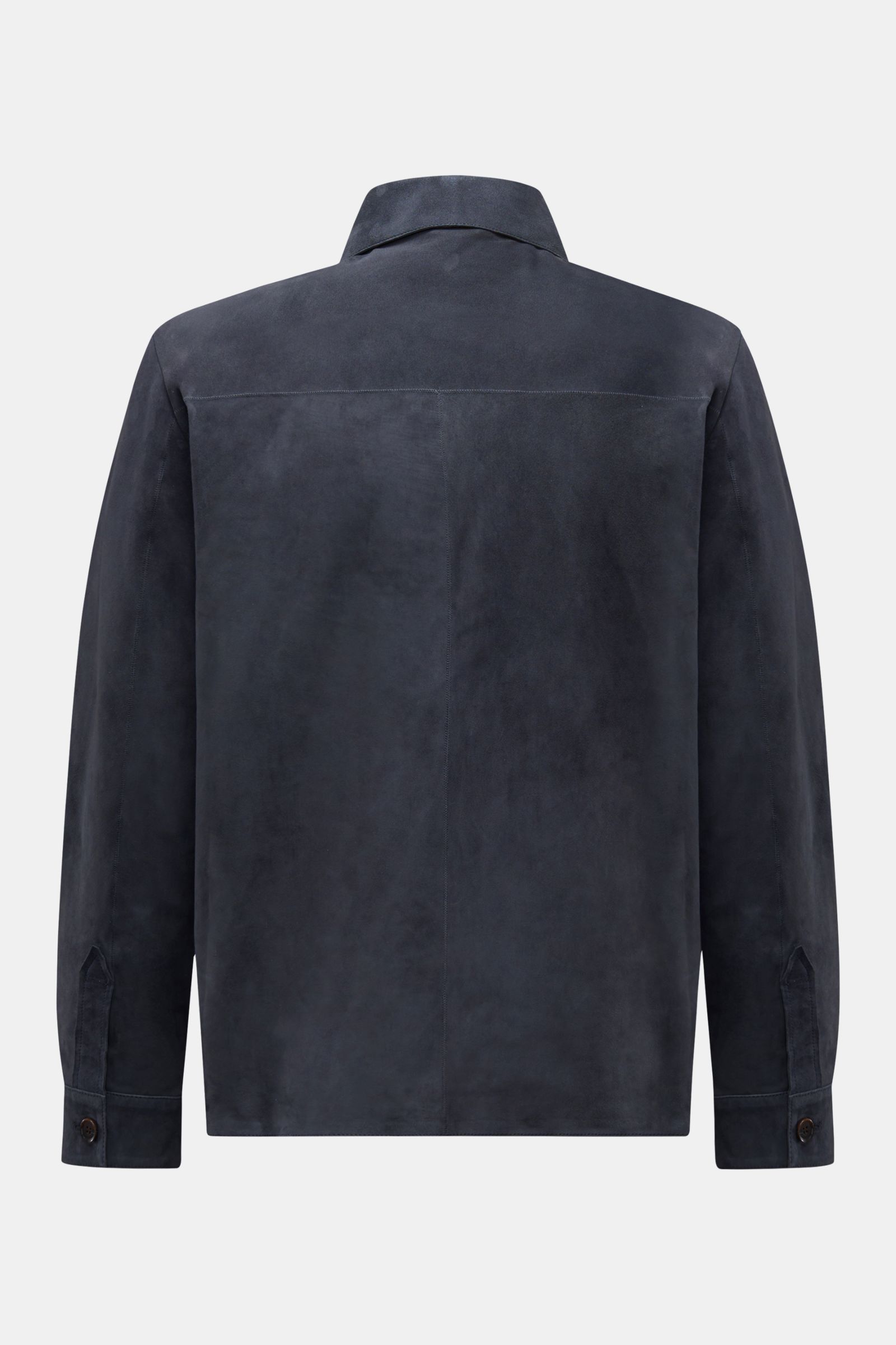 Back view of Arma Velourslederjacke 'Dino' navy in soft veloursleder, slim fit with unconstructed design, buttoned cuffs, and collar.