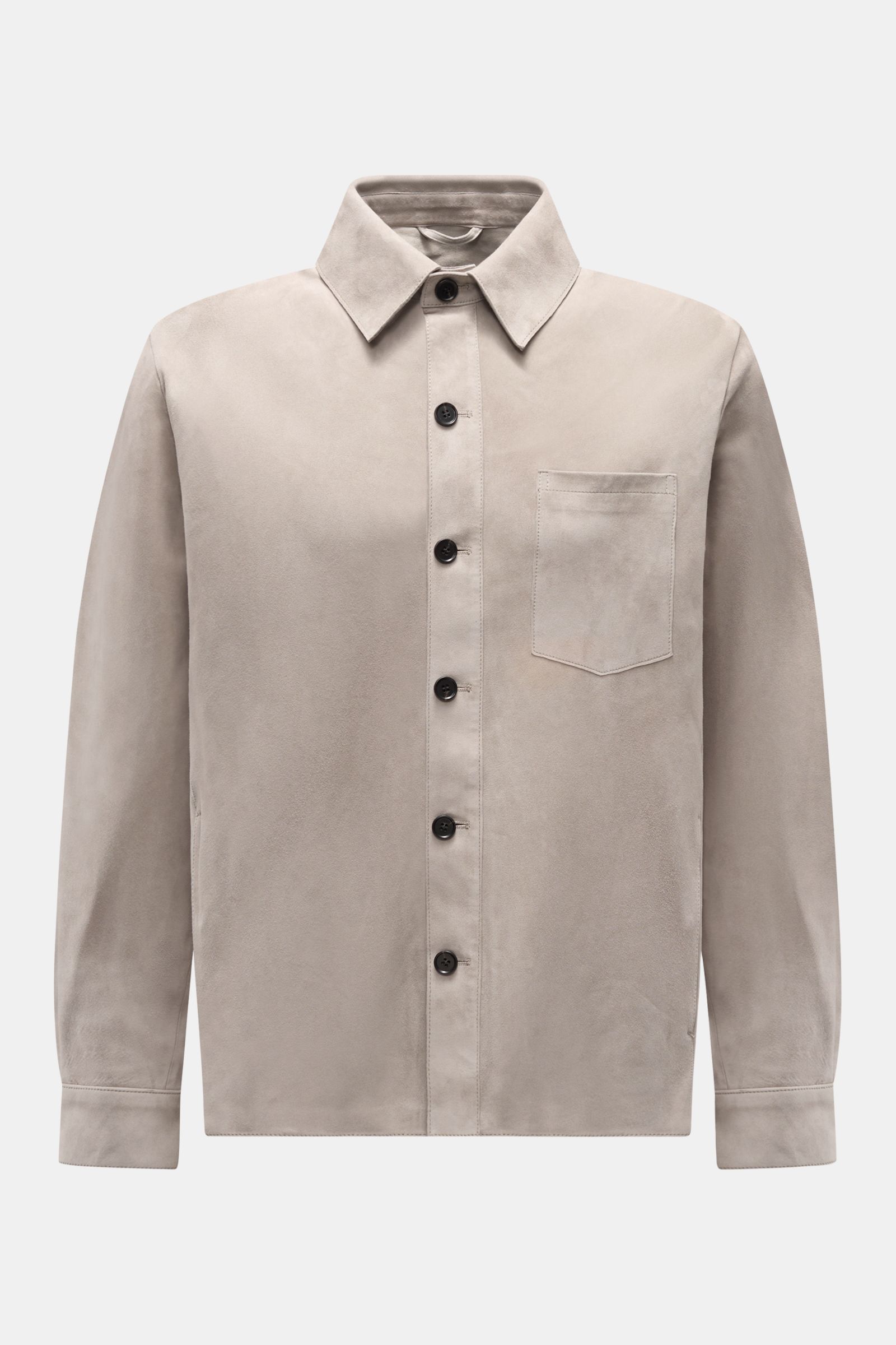 Front view of the Arma Velourslederjacke 'Dino' hellgrau, a stylish light gray suede jacket with soft veloursleder, slim fit, turn-down collar, six-button placket, three front pockets, buttoned cuffs, and unconstructed design, perfect for transitional sea