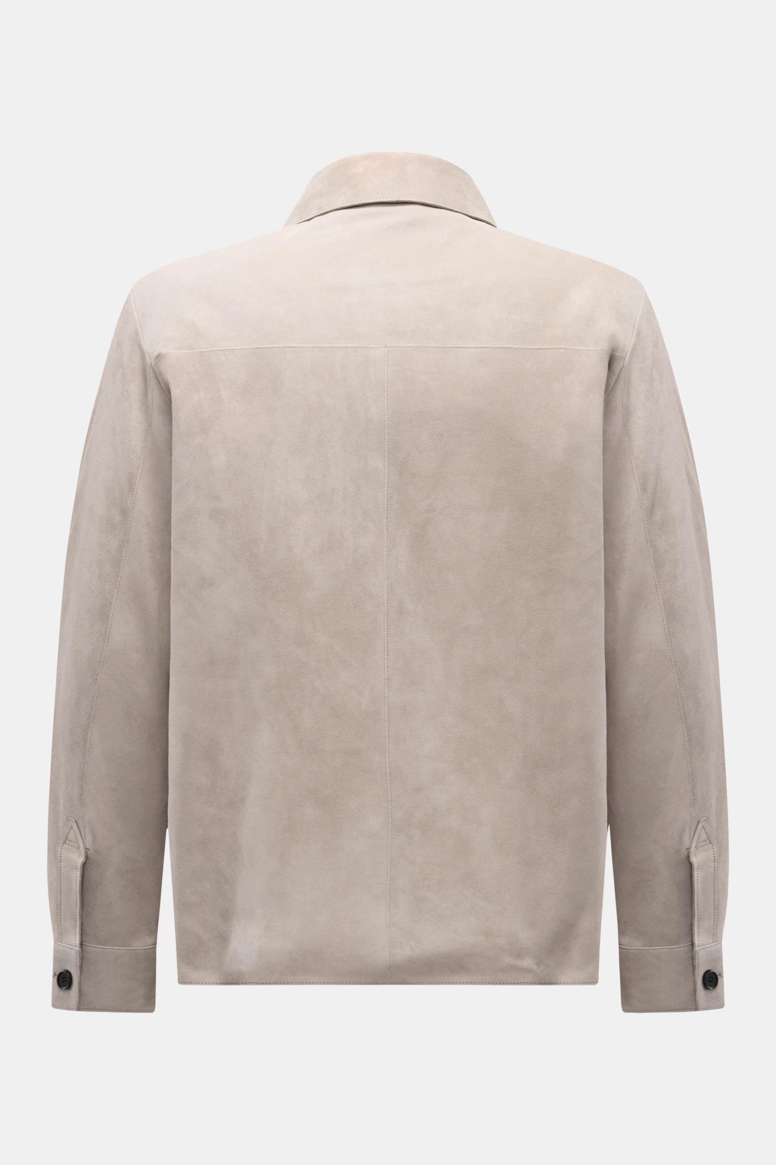 Rear view of Arma Velourslederjacke 'Dino' hellgrau in soft light grey suede, slim fit with unconstructed design, button cuffs, and collar. Stilvoller Begleiter für die Übergangszeit: Die Velourslederjacke von ARMA verleiht urbanen Looks zeitlose Raffines