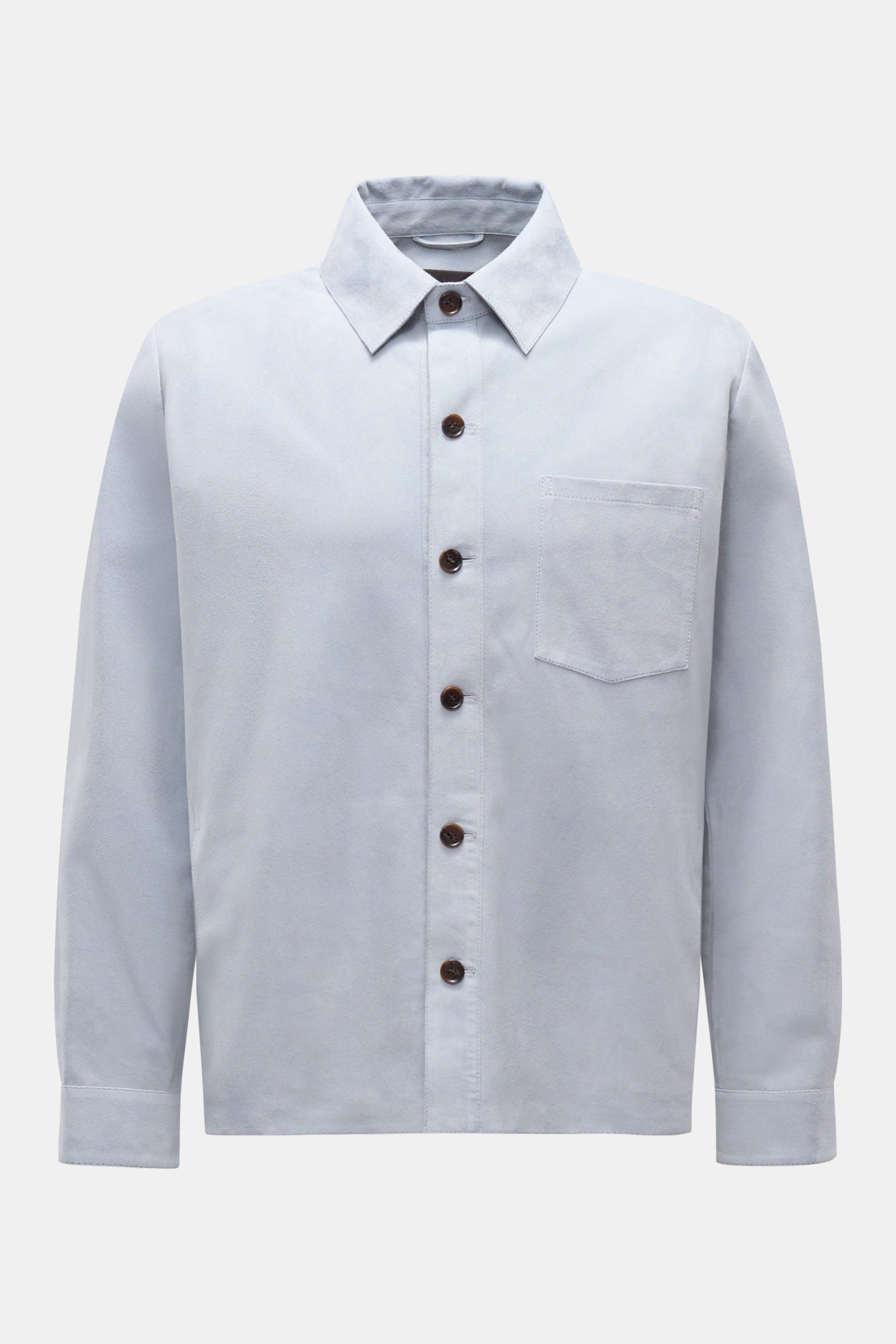 Frontansicht der Arma Velourslederjacke 'Dino' rauchblau aus softem Veloursleder mit Slim Fit, Umlegekragen und sechs Knöpfen.