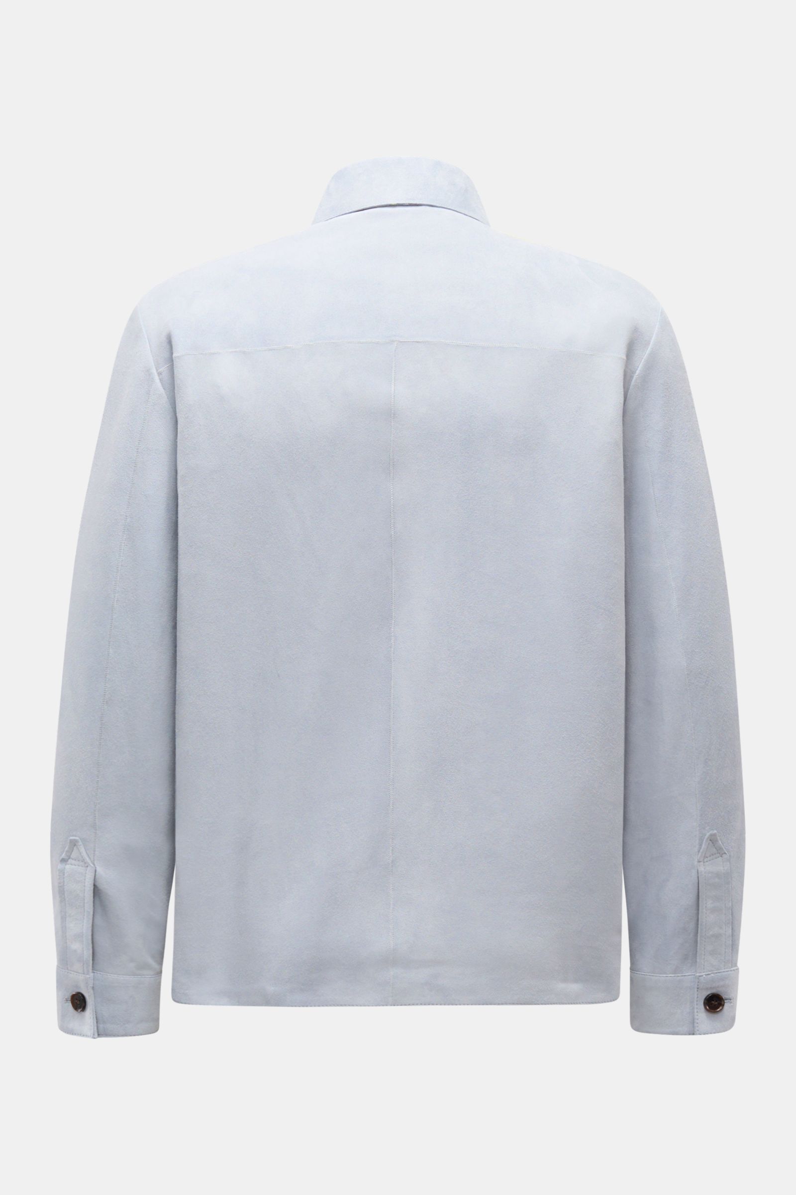 Arma Velourslederjacke 'Dino' rauchblau, Rückansicht, softes Veloursleder, Slim Fit, Umlegekragen, sechs Knöpfe, Ärmel mit Knopf, drei Fronttaschen, unconstructed Design.