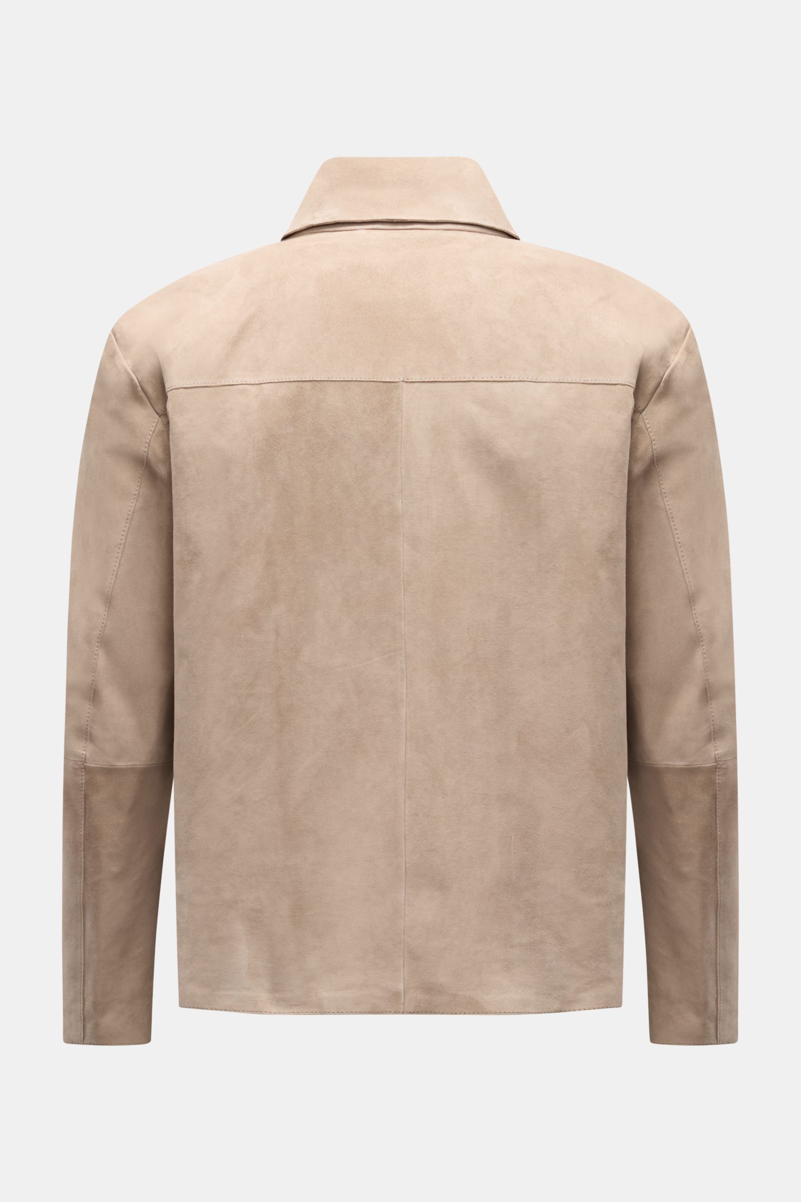 Arma Velourslederjacke 'Hardin' beige, Rückansicht, Slim Fit, geschmeidiges Ziegenveloursleder, weicher Griff, Umlegekragen, Leistentaschen, robuster Metall-Reißverschluss, Unconstructed Design.