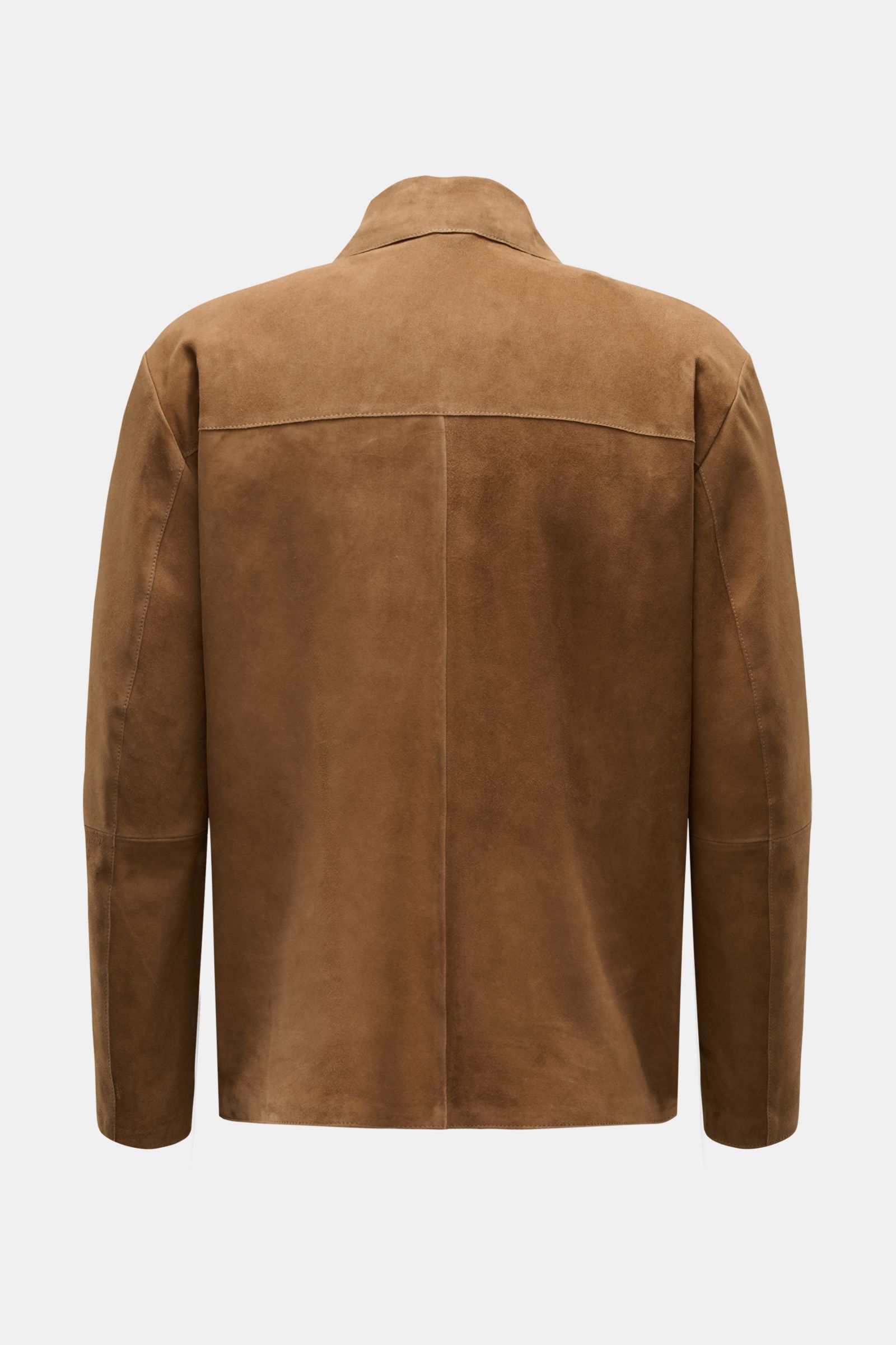Back view of Arma Velourslederjacke 'Masis' hellbraun in soft goatskin suede, slim fit with unconstructed design, collar, and cuffed sleeves. Features smooth texture, robust metal zipper, slanted welt pockets with snap buttons, and ribbed hem, photographe