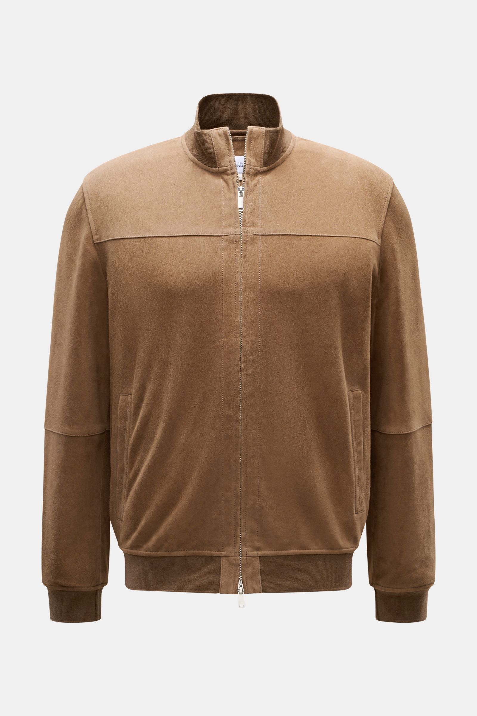 Front view of Arma Veloursleder-Blouson 'Miles' hellbraun, a light brown suede leather jacket with rib-knit stand collar, elastic cuffs, angled hip pockets, and a robust two-way zipper, made from fine goat suede in a regular fit, unlined, ideal for stylis