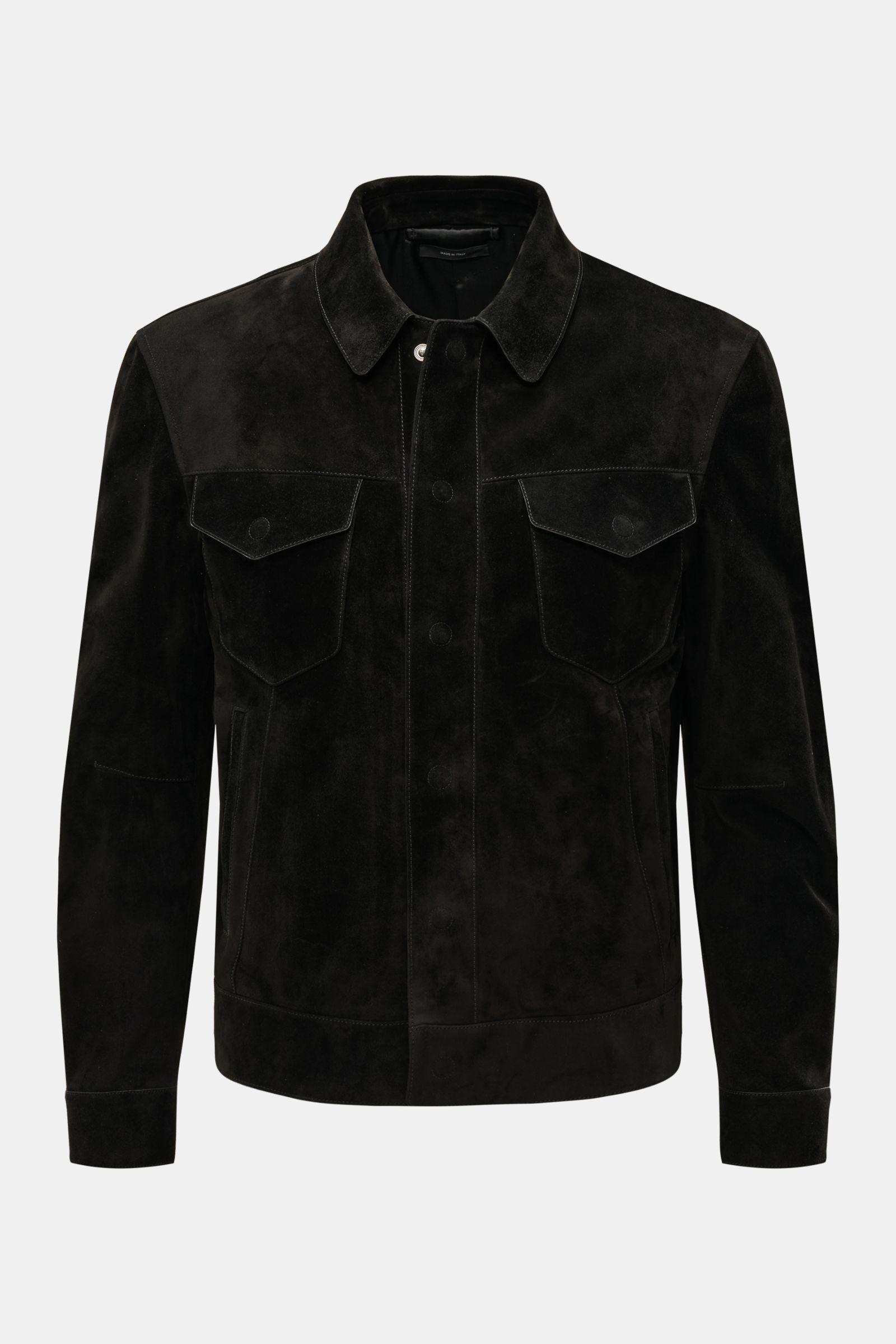 Front view of Tom Ford Velourslederjacke schwarz, a black suede slim fit jacket with flap chest pockets, concealed snap buttons, and adjustable waist tabs, made from finest cow suede with soft touch.

Additional content:
