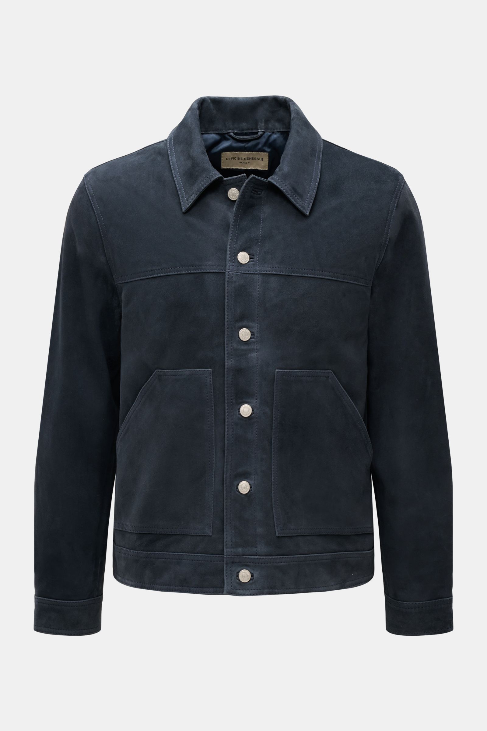 Officine Générale Velourslederjacke 'Loki' graublau front view, slim-fit goat suede jacket with six-button placket, collar, patch pockets, cuffed sleeves.