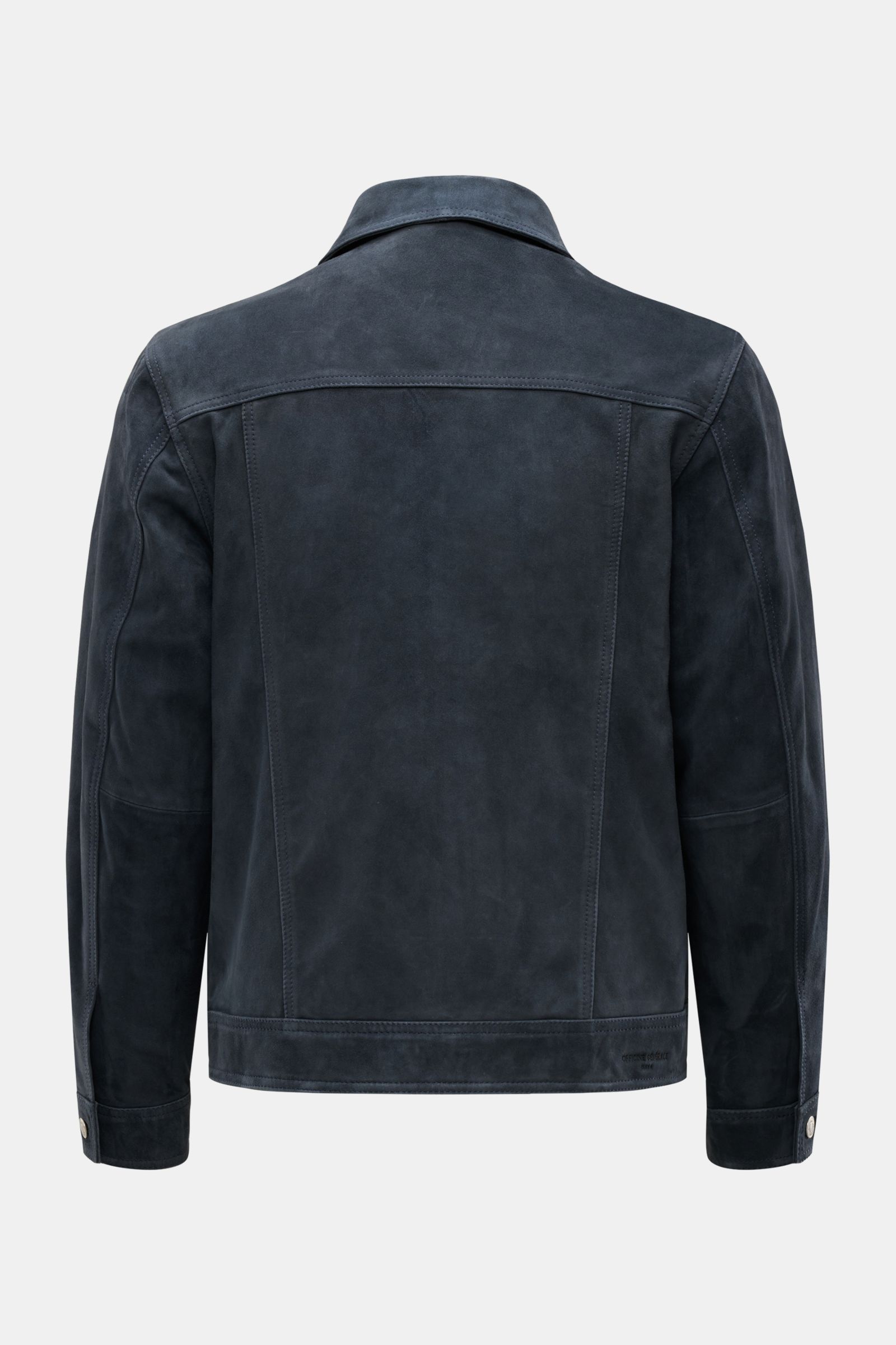 Officine Générale Velourslederjacke 'Loki' graublau shown from the back, made of soft goat suede with a slim fit and classic collar.
