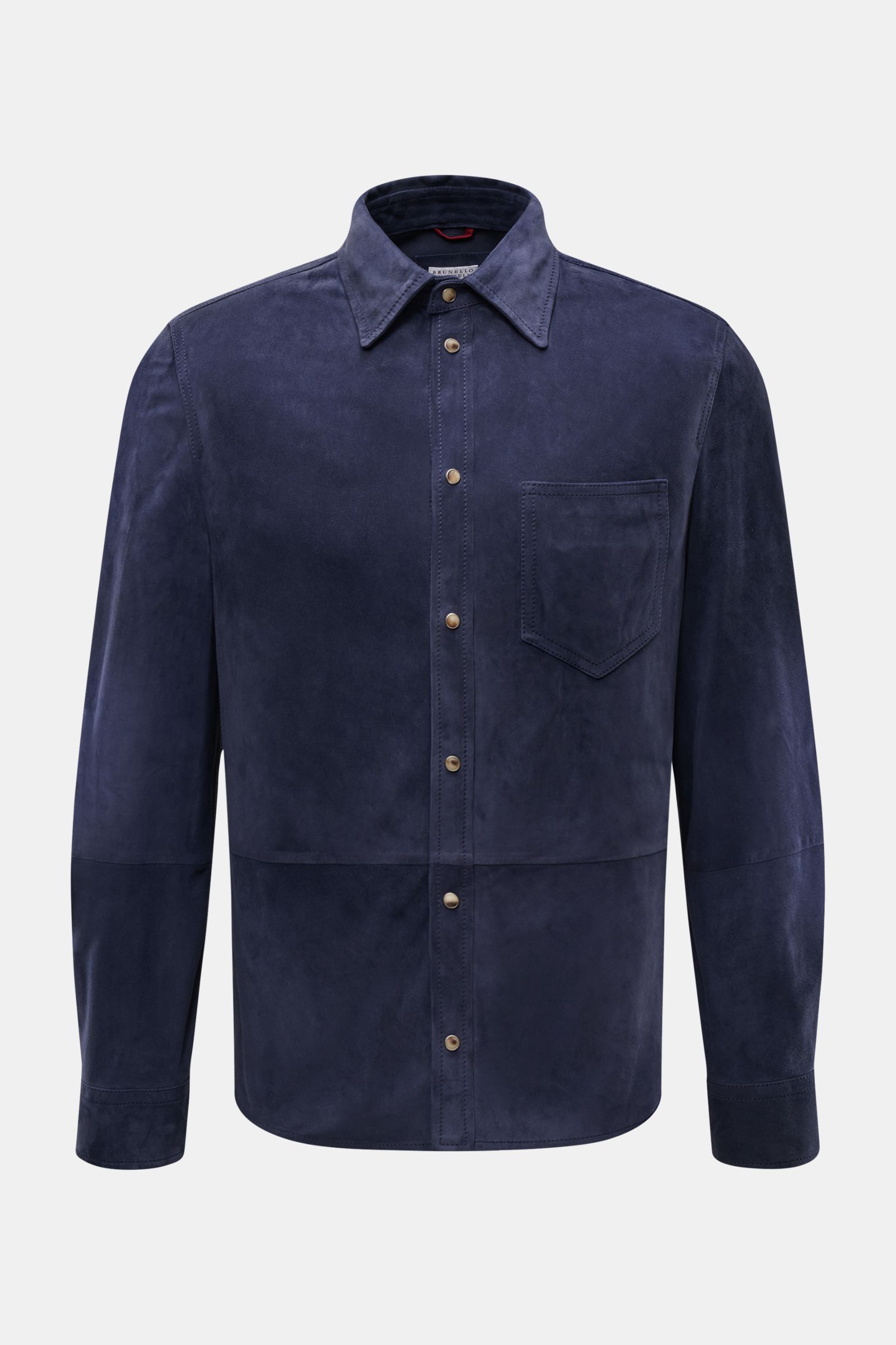 Front view of Brunello Cucinelli Veloursleder-Overshirt navy, made of smooth velour leather with soft touch, slim fit, seven-button placket, turn-down collar, chest patch pocket, cuffed sleeves, and unconstructed design, showcasing sovereign spring elegan