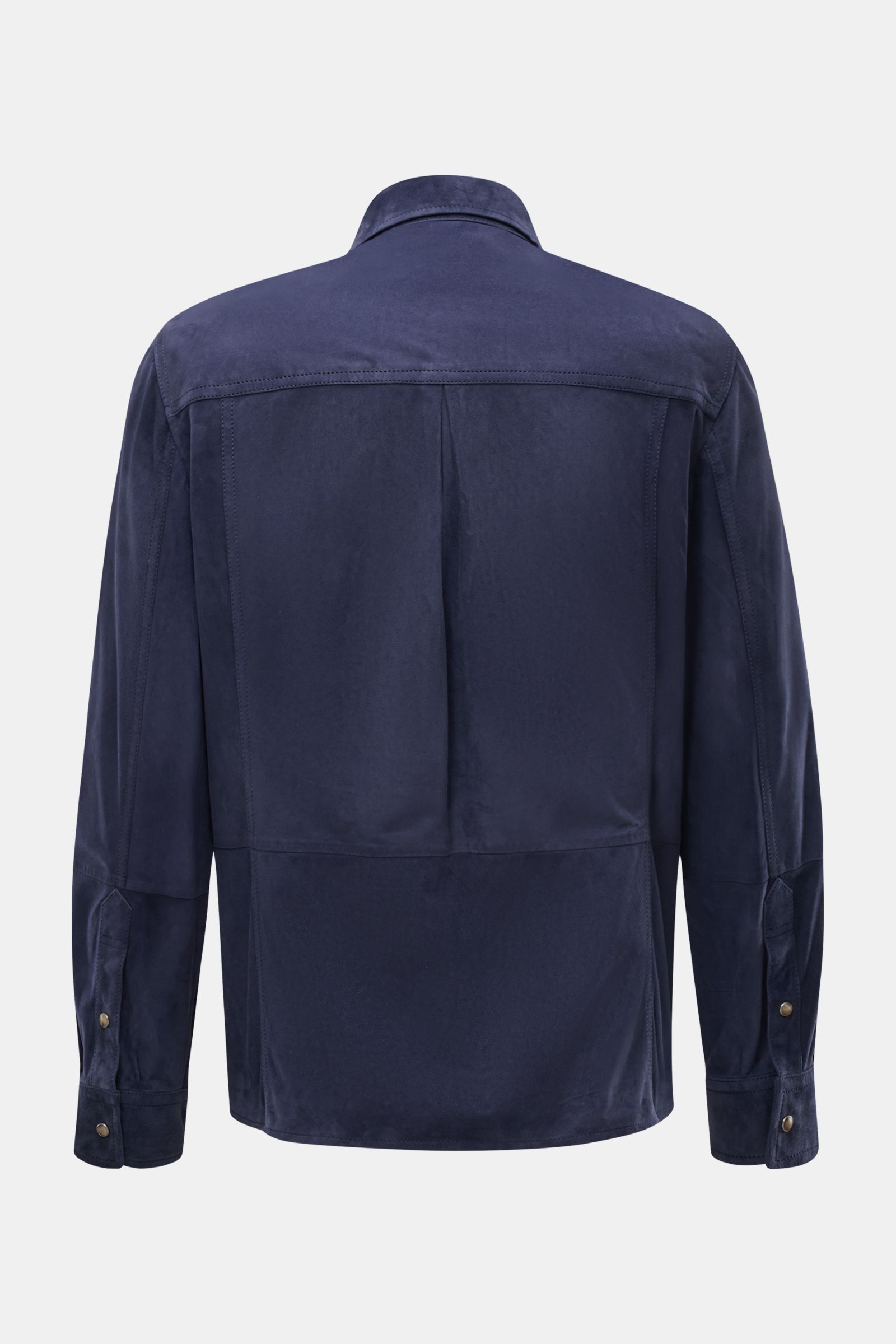 Rear view of Brunello Cucinelli Veloursleder-Overshirt navy in smooth, soft suede with slim fit and cuffed sleeves, showcasing unconstructed design.

Description: Souveräne Frühlings-Eleganz: Das Veloursleder-Overshirt von BRUNELLO CUCINELLI überzeugt 