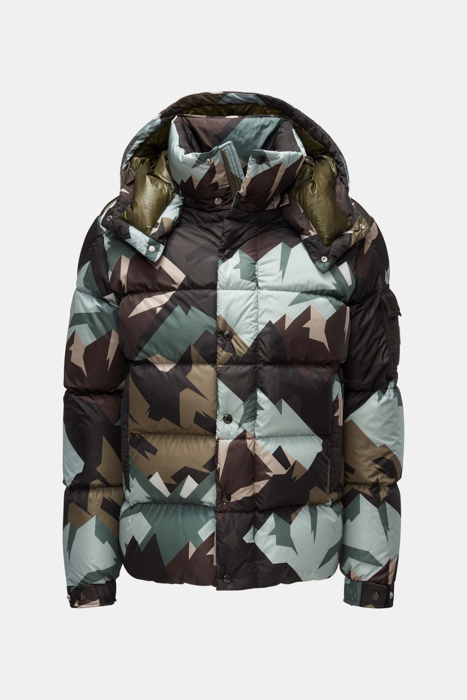 Down jacket 'Mosa' olive/mint green/dark brown patterned