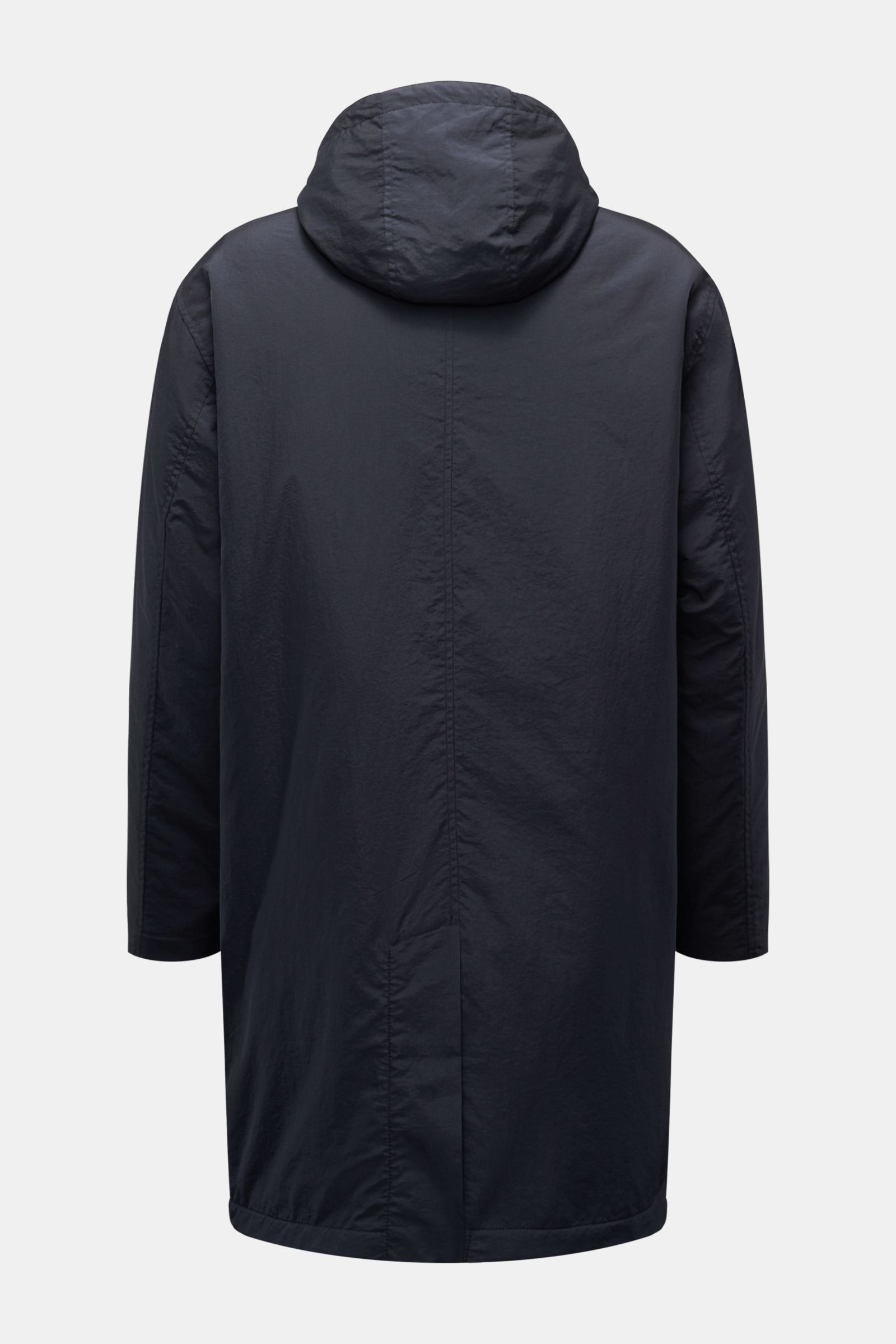 Rear view of 04651/ A trip in a bag Parka 'The Triple' navy, lightweight microfibre with detachable gilet, hood, and centre back vent.