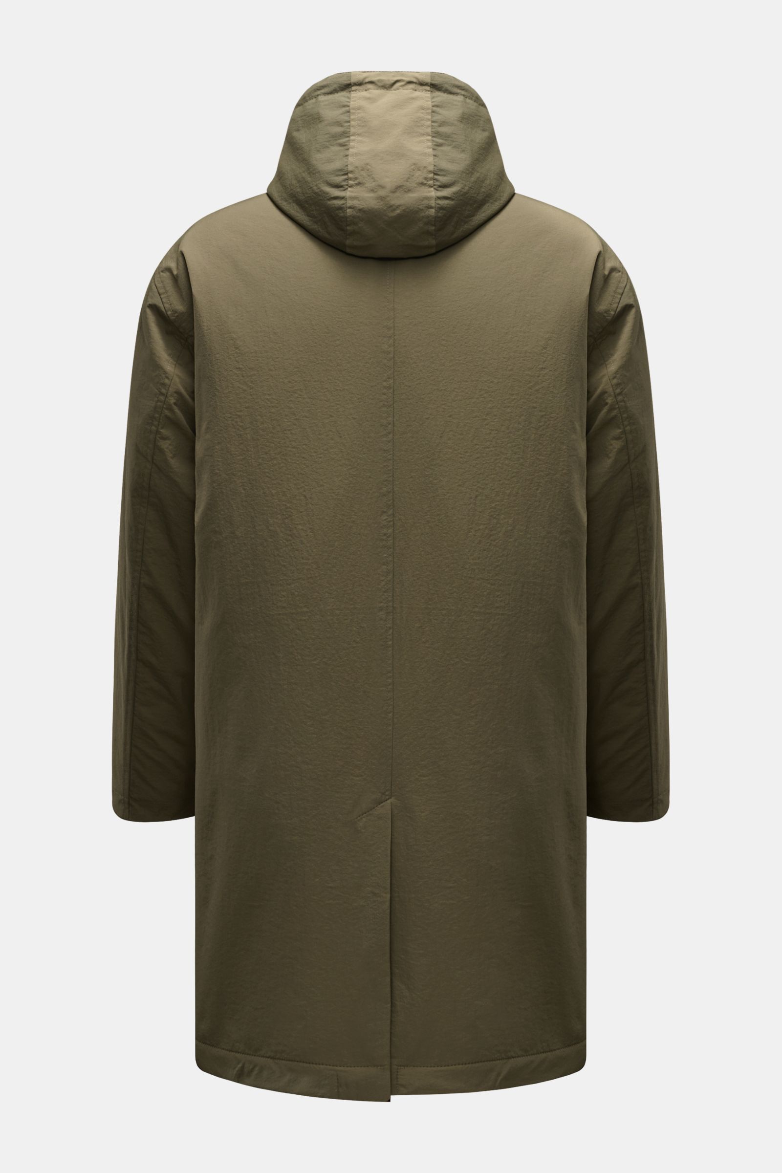 Back view of the olive 04651/ A trip in a bag Parka 'The Triple' featuring high-quality microfiber, removable vest, hood, and regular fit. Sportlich-leger durch die Übergangszeit: Der vielseitige Parka mit herausnehmbarer Weste von 04651/ A TRIP IN A BAG 