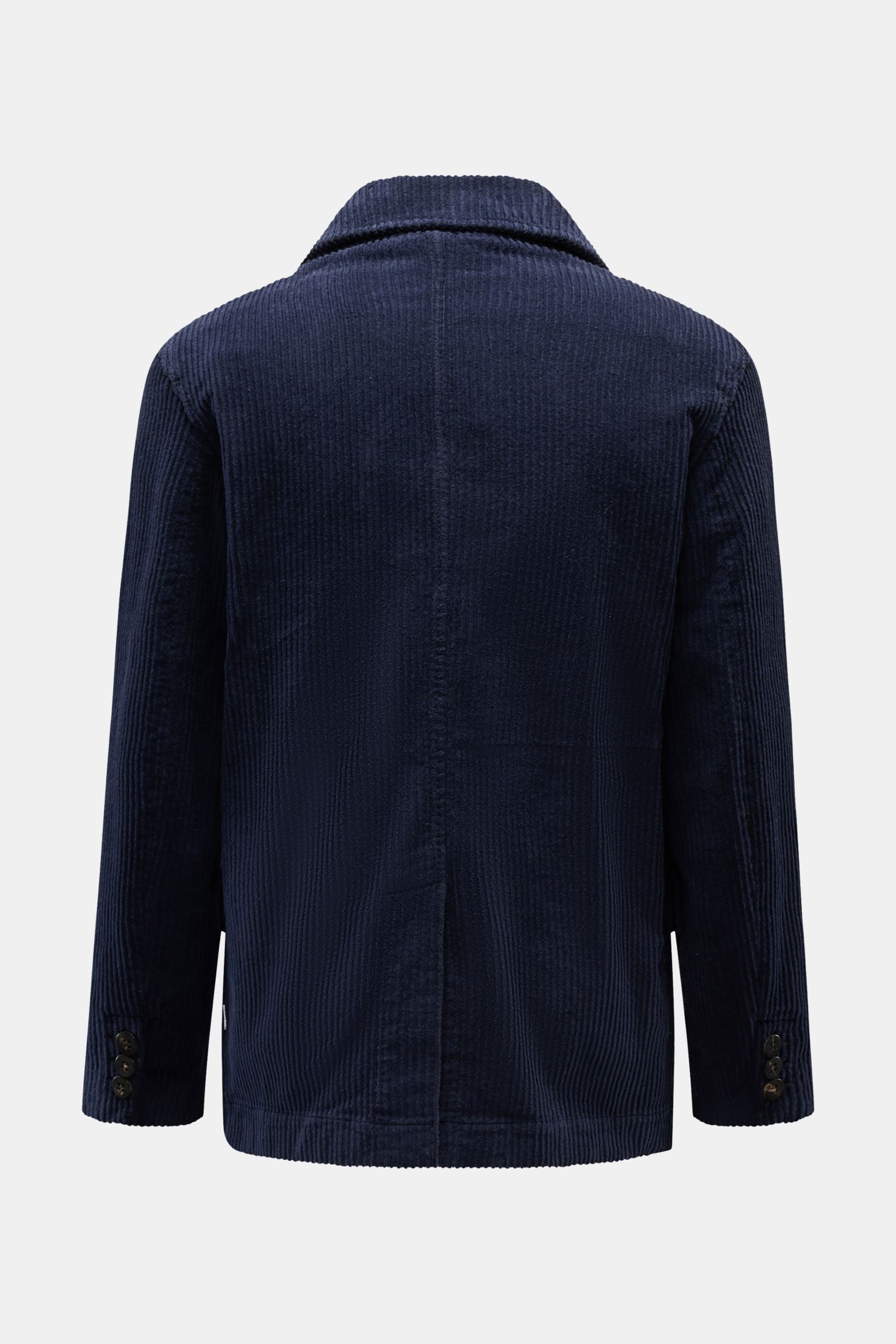 Rückansicht der 04651/ A trip in a bag Cord-Cabanjacke navy aus Breitcord Baumwolle, Slim Fit, Stretch, weicher Griff, garment dyed, variabler Reverskragen, Ärmel mit Knöpfen, Rückenmittelschlitz, halb gefüttert, Innentasche.