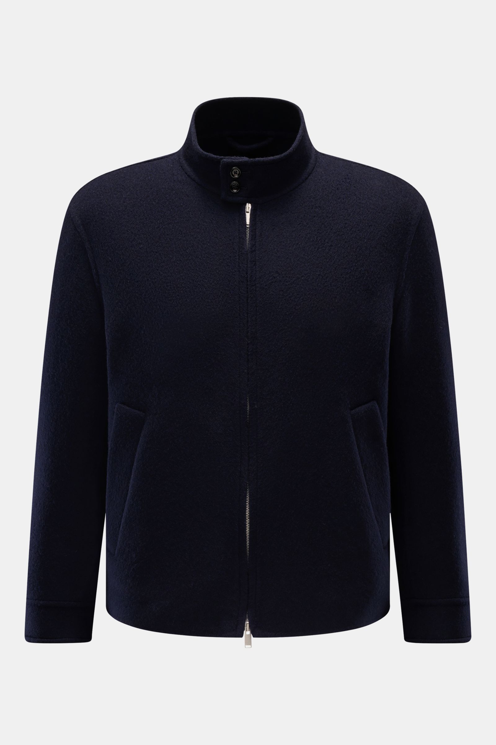 Lardini Flanell-Jacke 'Aaberit' navy, frontale Sicht, weicher Woll-Cashmere-Flanell, Stehkragen, verdeckter Reißverschluss, schräge Taschen, ungefüttert.