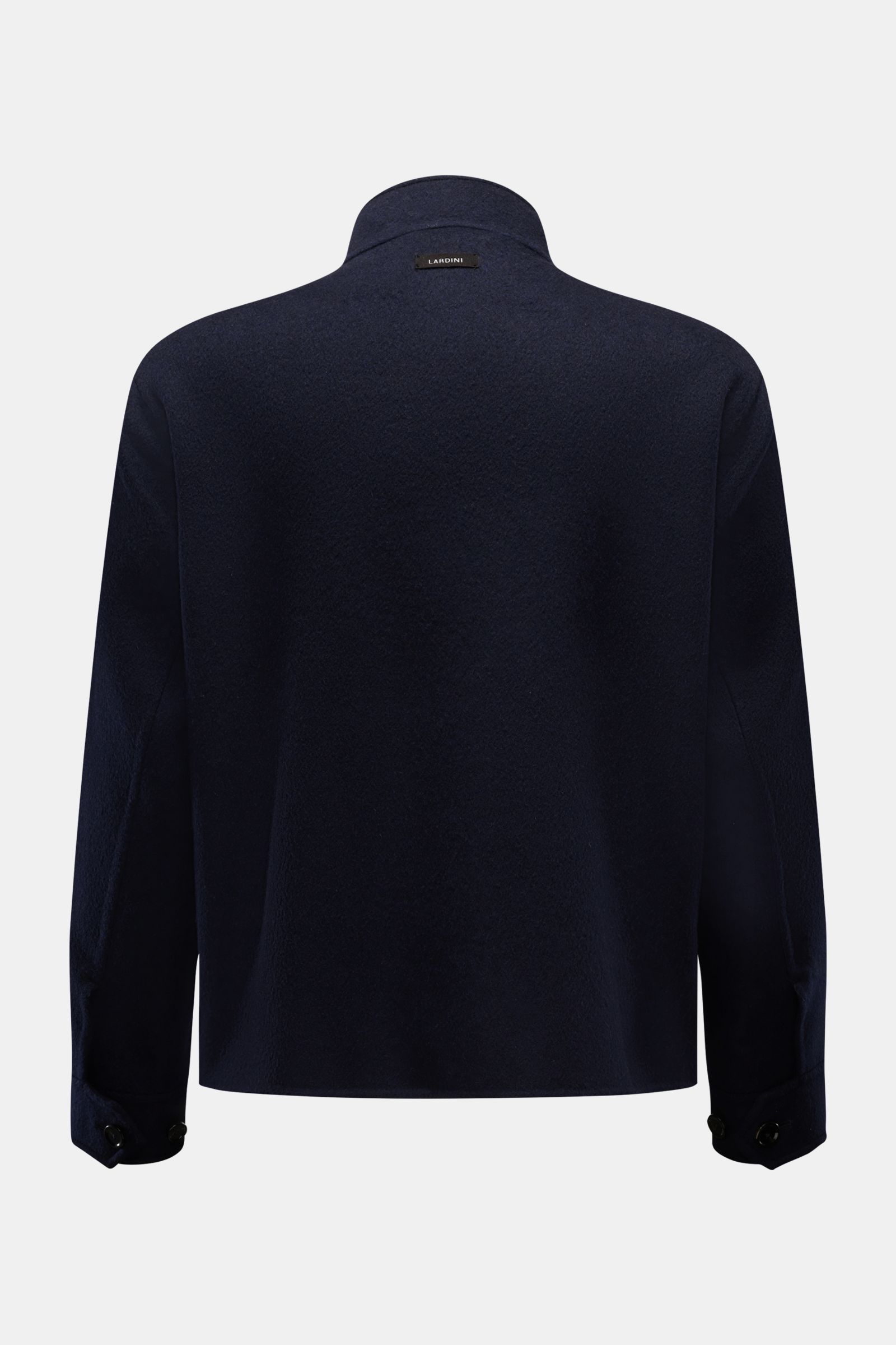 Lardini Flanell-Jacke 'Aaberit' navy, Rückansicht mit Stehkragen, weichem Woll-Cashmere-Flanell, Knopfriegeln an Ärmeln, ungefüttert, Regular Fit.