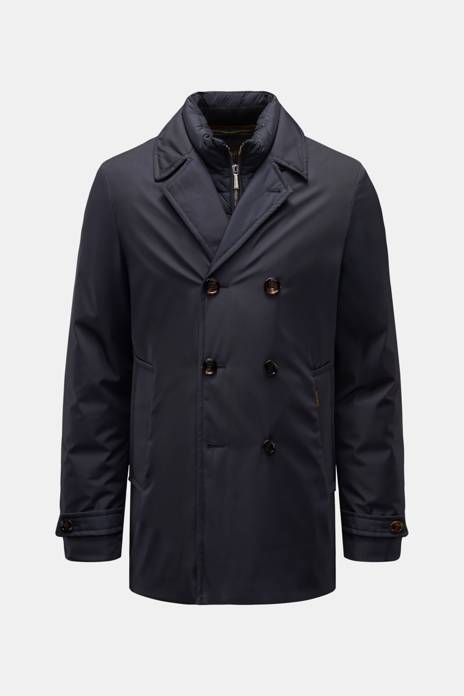 Front view of Moorer Daunenjacke 'Bolgi' navy, a slim fit double-breasted jacket in silk-microfiber gabardine with down filling, water-repellent, and windproof features.