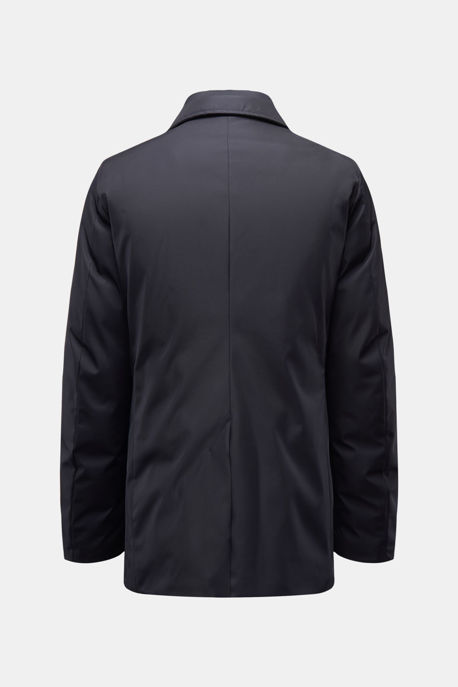 Rear view of Moorer Daunenjacke 'Bolgi' navy, a slim fit, navy blue down jacket made from silk-microfiber gabardine with a smooth, wind- and water-repellent surface, featuring a variable collar, two-button sleeve cuffs, slanted welt pockets, a back center